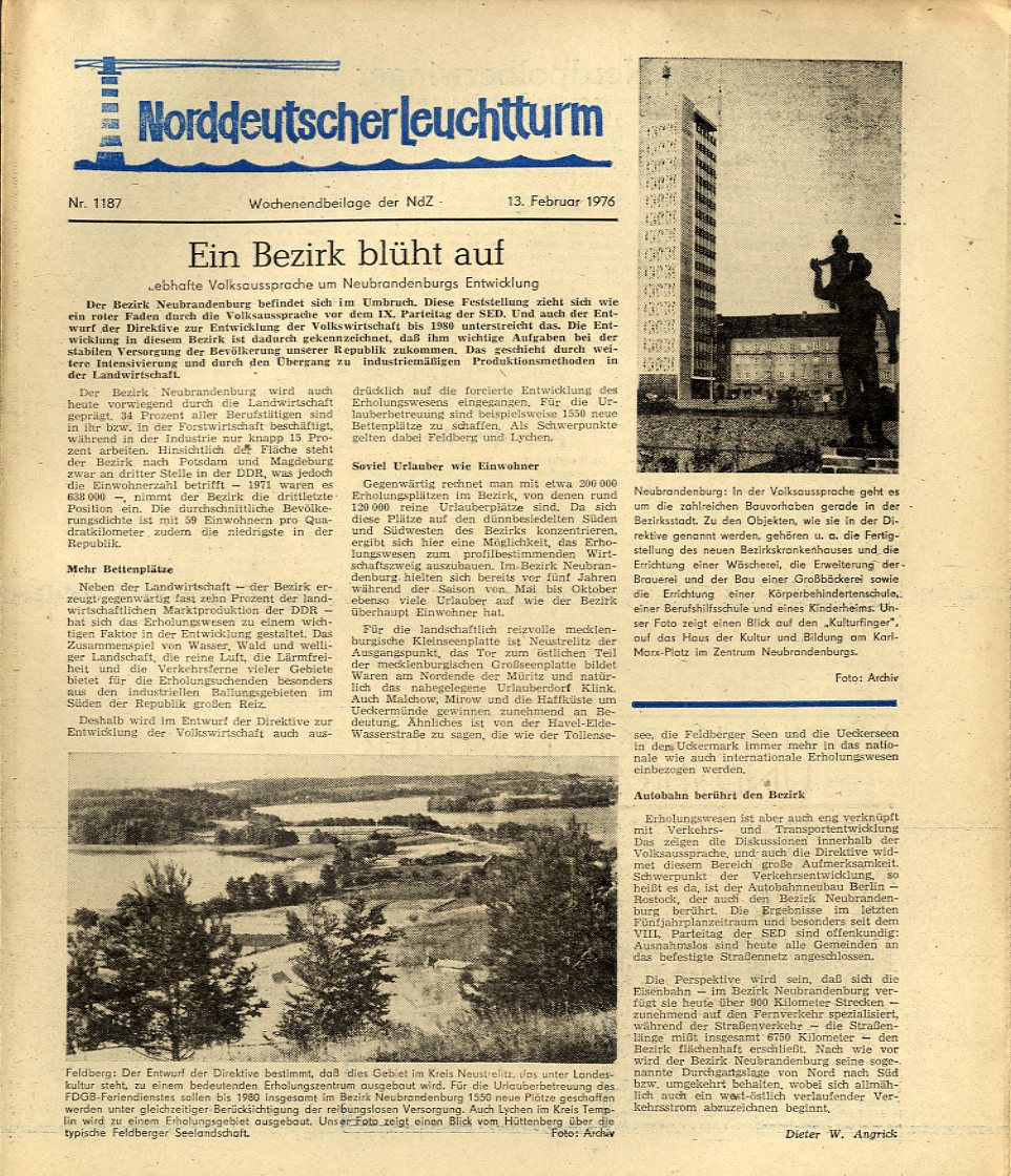   Norddeutscher Leuchtturm 1187. Wochenendbeilage der Norddeutschen Zeitung vom 13.02.1976. 