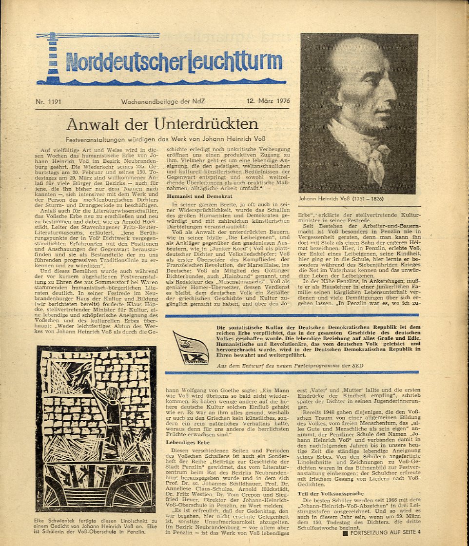   Norddeutscher Leuchtturm 1191. Wochenendbeilage der Norddeutschen Zeitung vom 12.03.1076. 