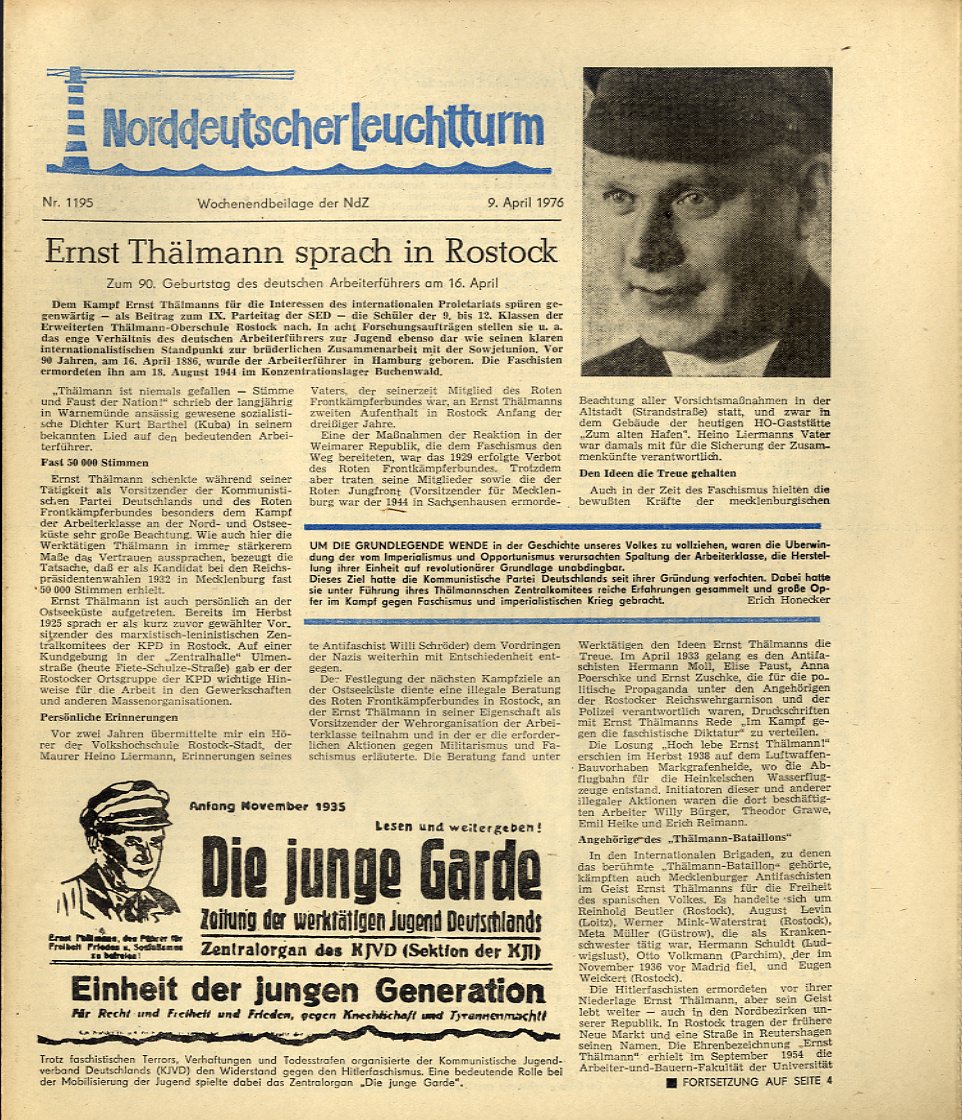   Norddeutscher Leuchtturm 1195. Wochenendbeilage der Norddeutschen Zeitung vom 09.04.1976. 