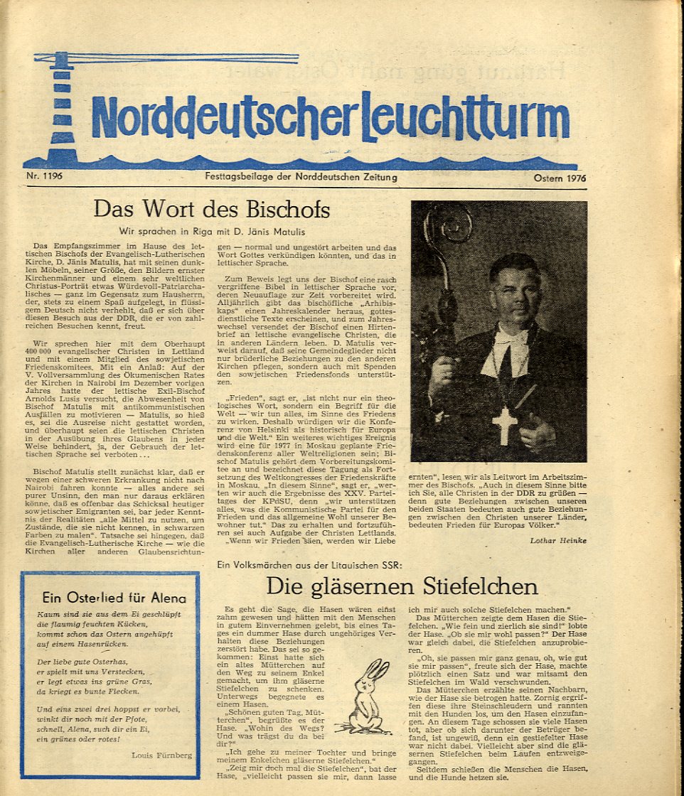   Norddeutscher Leuchtturm 1196. Wochenendbeilage der Norddeutschen Zeitung von Ostern 1976. 