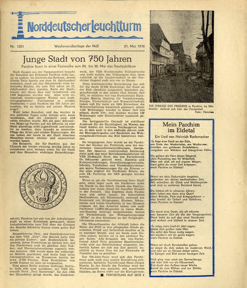   Norddeutscher Leuchtturm 1201. Wochenendbeilage der Norddeutschen Zeitung vom 21.05.1976. 