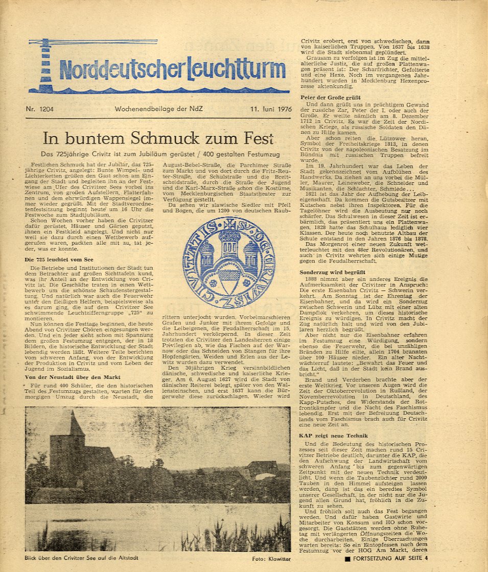   Norddeutscher Leuchtturm 1204. Wochenendbeilage der Norddeutschen Zeitung vom 11.06.1976. 