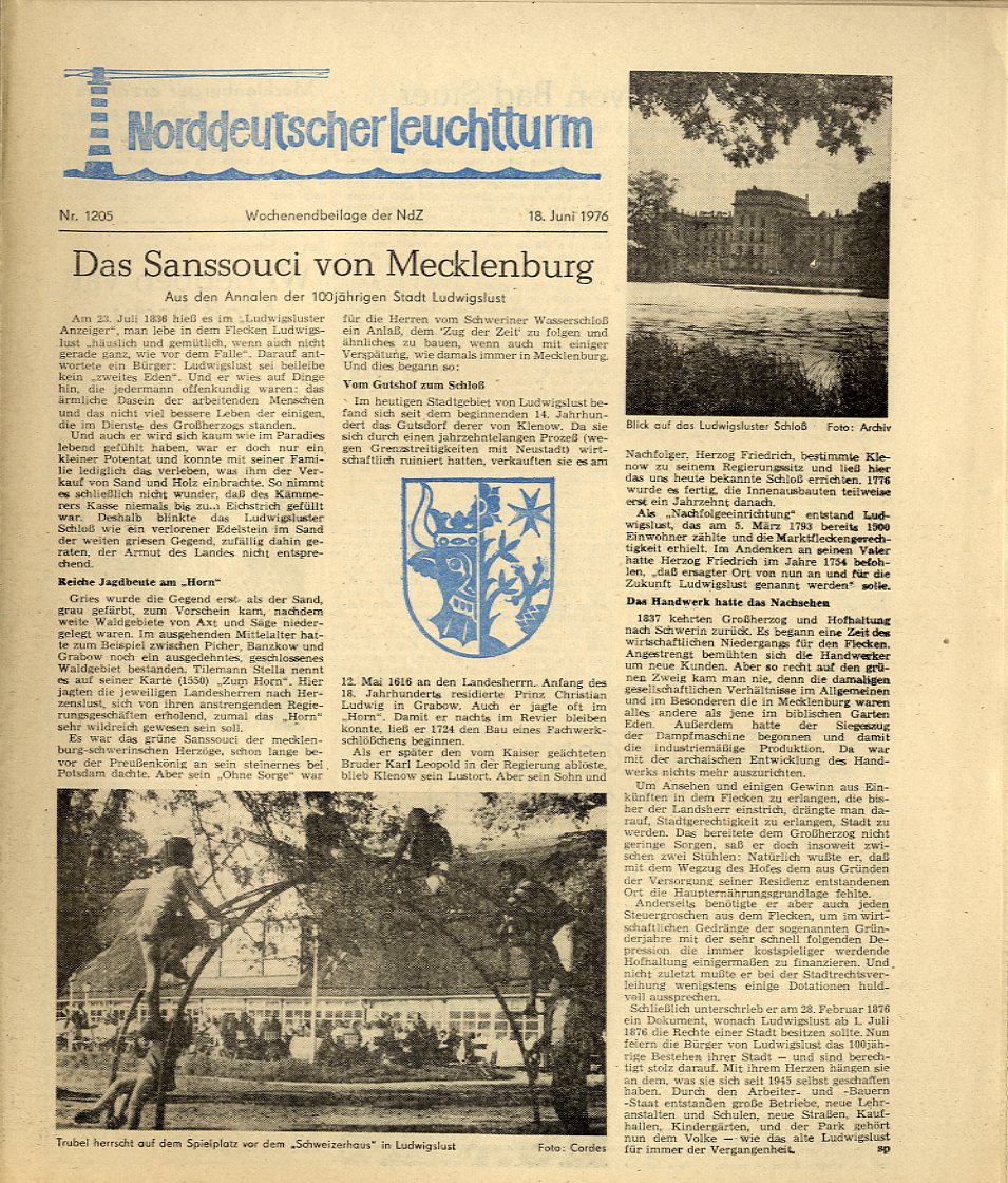   Norddeutscher Leuchtturm 1205. Wochenendbeilage der Norddeutschen Zeitung vom 18.06.1976. 