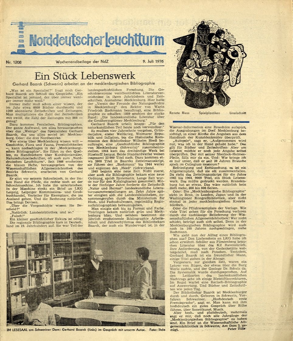   Norddeutscher Leuchtturm 1208. Wochenendbeilage der Norddeutschen Zeitung vom 09.07.1976. 