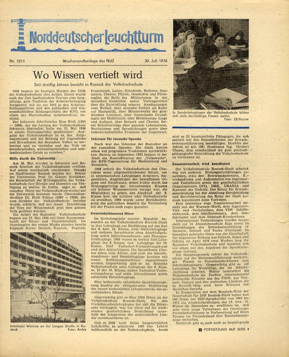   Norddeutscher Leuchtturm 1211. Wochenendbeilage der Norddeutschen Zeitung vom 20.07.1976. 