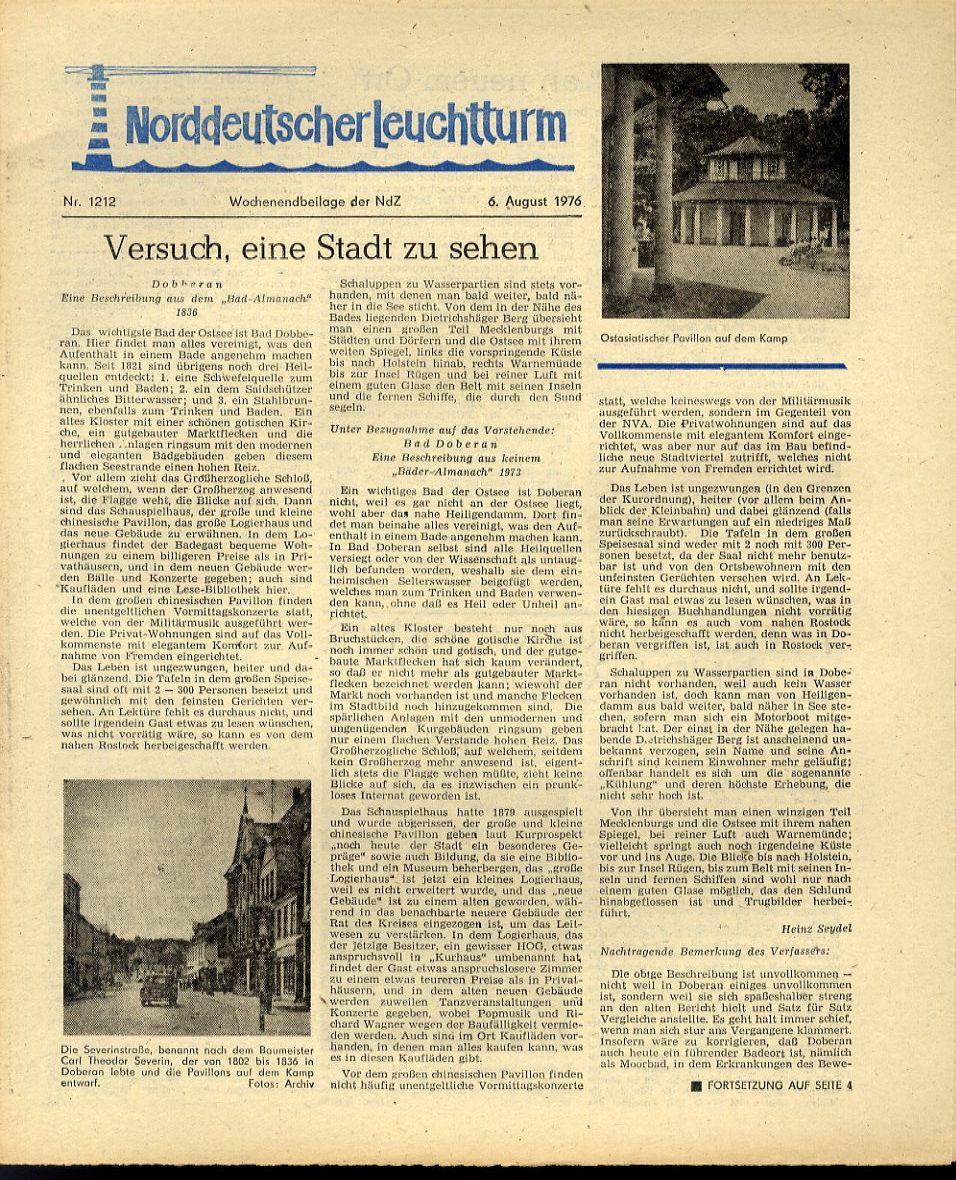   Norddeutscher Leuchtturm 1212. Wochenendbeilage der Norddeutschen Zeitung vom 06.08.1976. 