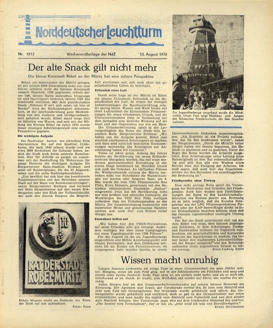   Norddeutscher Leuchtturm 1213. Wochenendbeilage der Norddeutschen Zeitung vom 13.08.1976. 