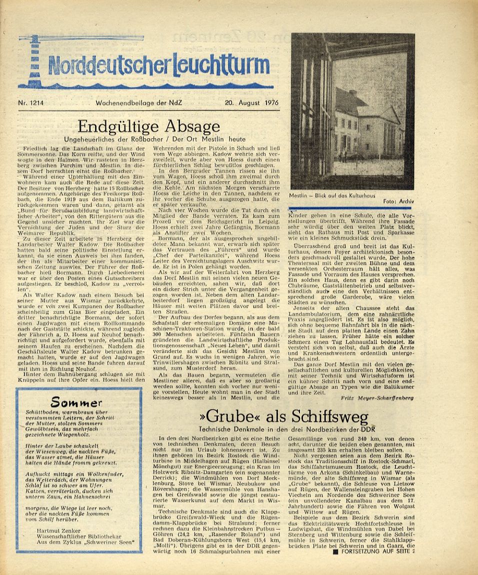   Norddeutscher Leuchtturm 1214. Wochenendbeilage der Norddeutschen Zeitung vom 20.08.1976. 