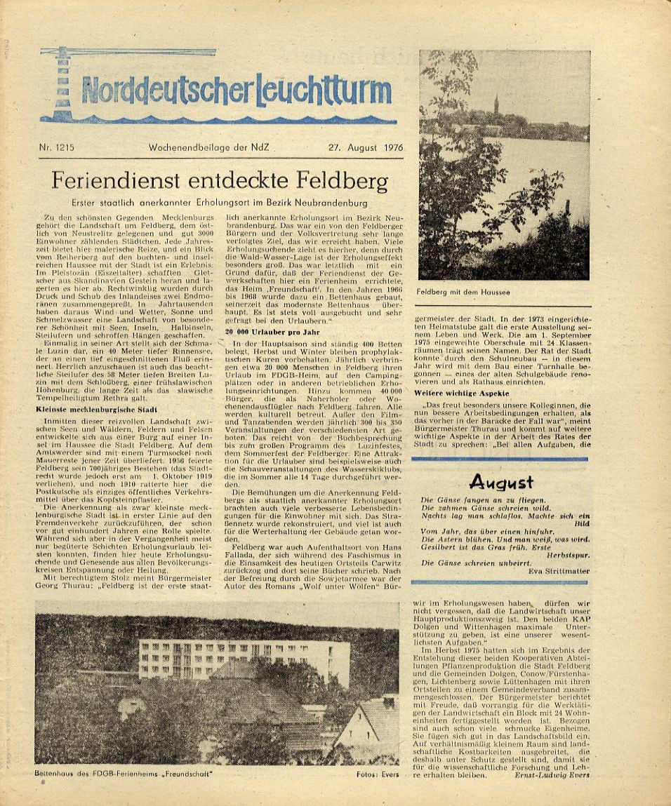   Norddeutscher Leuchtturm 1215. Wochenendbeilage der Norddeutschen Zeitung vom 27.08.1976. 