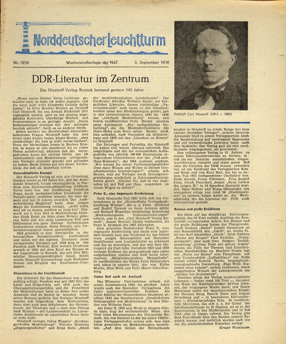   Norddeutscher Leuchtturm 1216. Wochenendbeilage der Norddeutschen Zeitung vom 03.09.1976. 