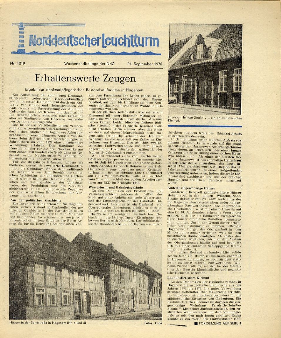   Norddeutscher Leuchtturm 1219. Wochenendbeilage der Norddeutschen Zeitung vom 24.09.1976. 