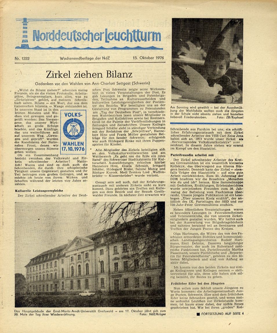   Norddeutscher Leuchtturm 1222. Wochenendbeilage der Norddeutschen Zeitung vom 15.10.1976. 