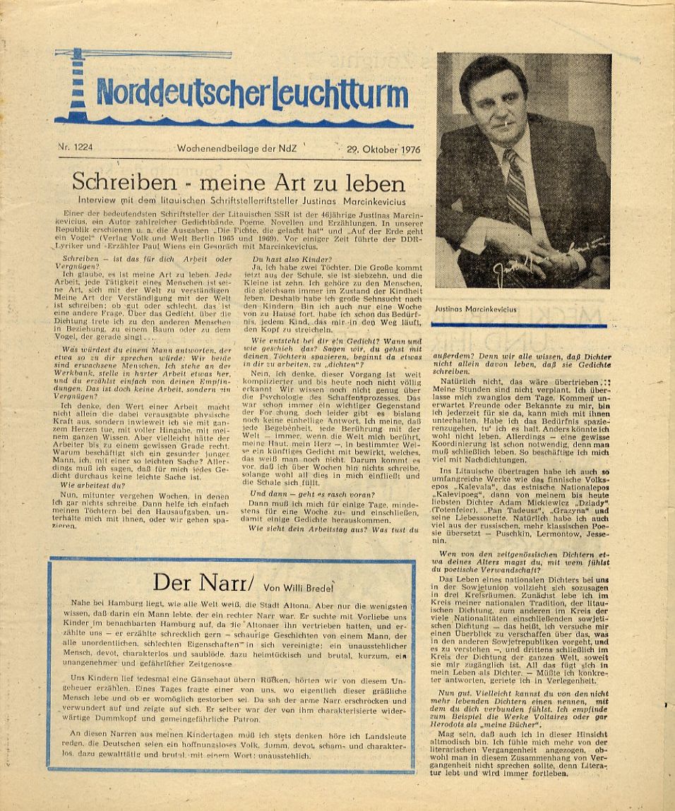   Norddeutscher Leuchtturm 1224. Wochenendbeilage der Norddeutschen Zeitung vom 29.10.1976. 