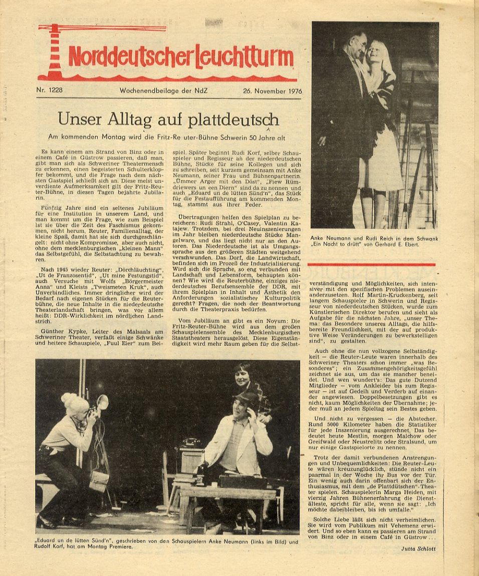   Norddeutscher Leuchtturm 1228. Wochenendbeilage der Norddeutschen Zeitung vom 26.11.1976. 