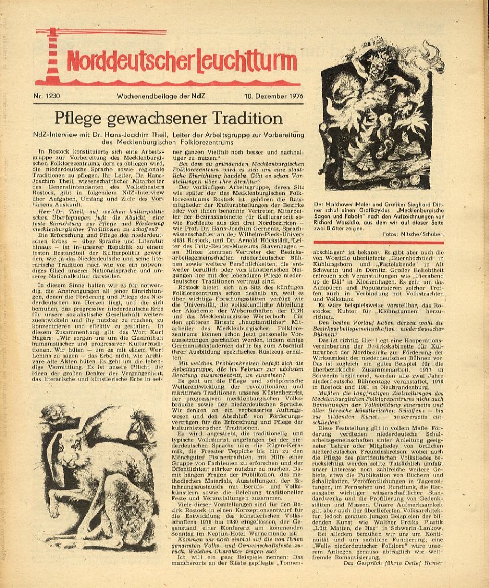   Norddeutscher Leuchtturm 1230. Wochenendbeilage der Norddeutschen Zeitung vom 10.12.1976. 