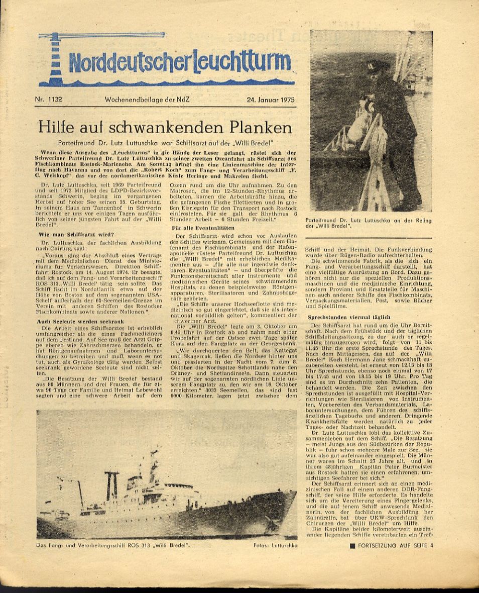   Norddeutscher Leuchtturm 1132. Wochenendbeilage der Norddeutschen Zeitung vom 24.01.1975. 