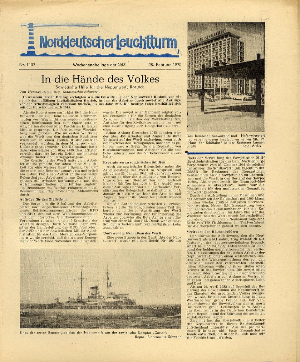   Norddeutscher Leuchtturm 1137. Wochenendbeilage der Norddeutschen Zeitung vom 28.02.1975. 