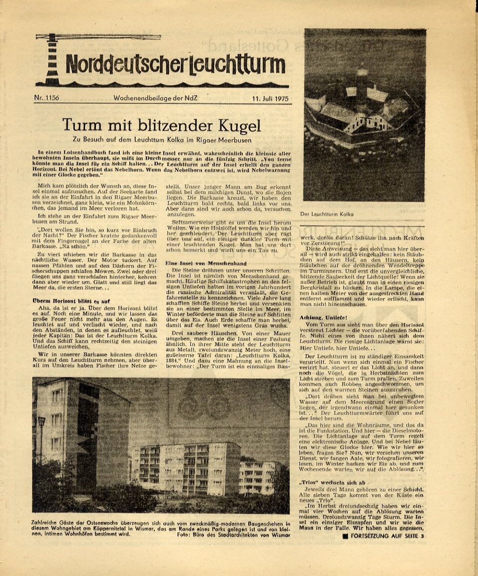   Norddeutscher Leuchtturm 1156. Wochenendbeilage der Norddeutschen Zeitung vom 11.07.1975. 