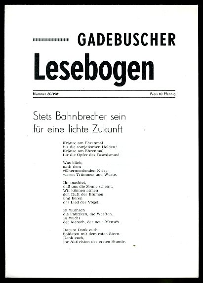   Gadebuscher Lesebogen Nr. 30, 1981. Hrsg. vom Zirkel schreibender Werktätiger Gadebusch. 