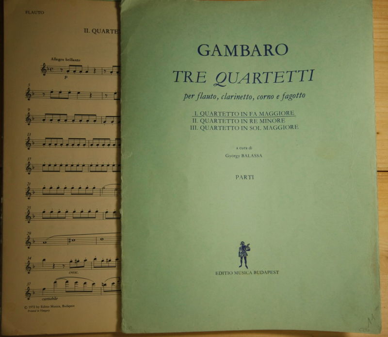 Gambaro, Giovanni, Battista.  Tre Quartetti per flauto, clarinetto, corno e fagotto. 