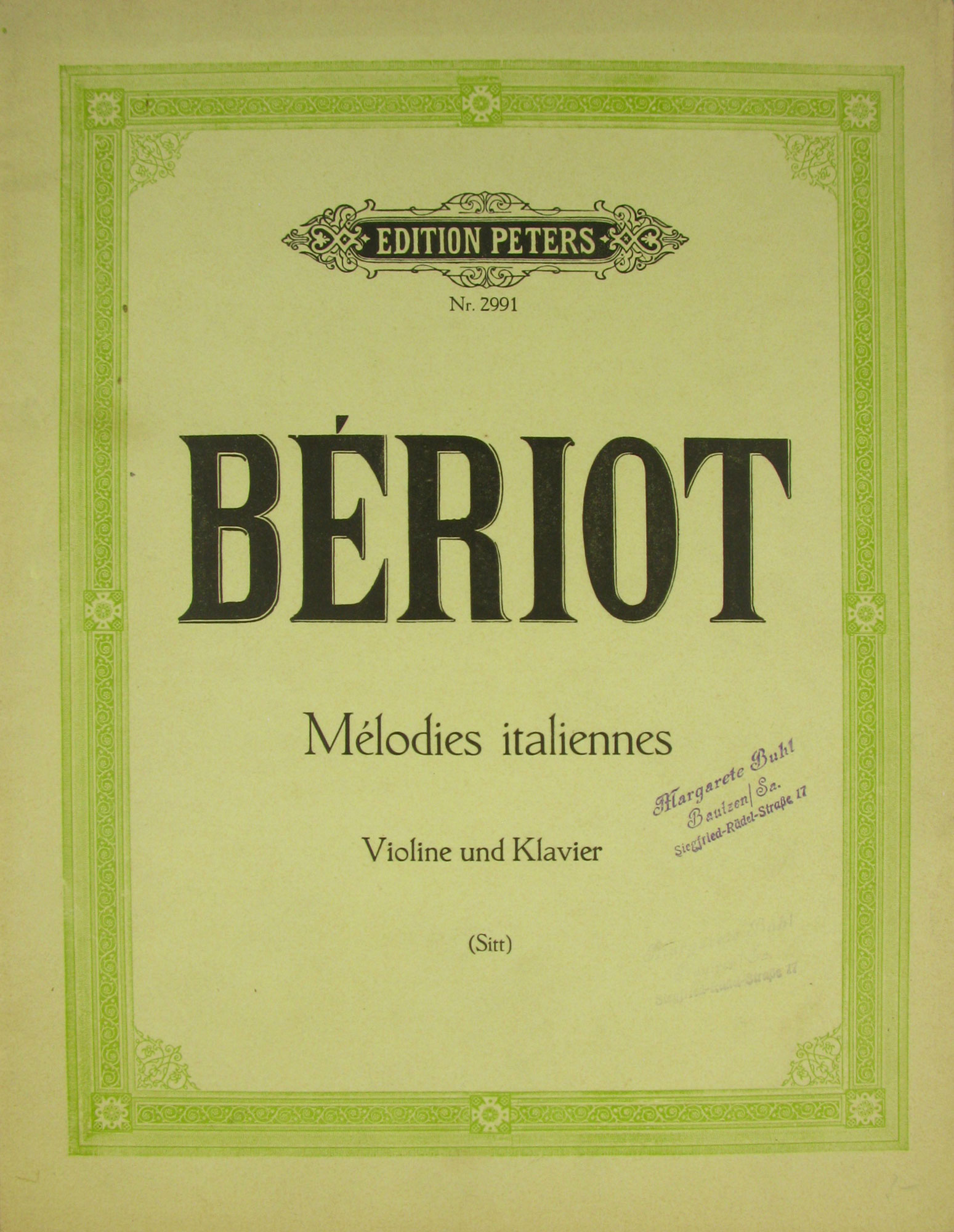   Ch. de Beriot. Melodies italiennes. Violine und Klavier (Sitt). 