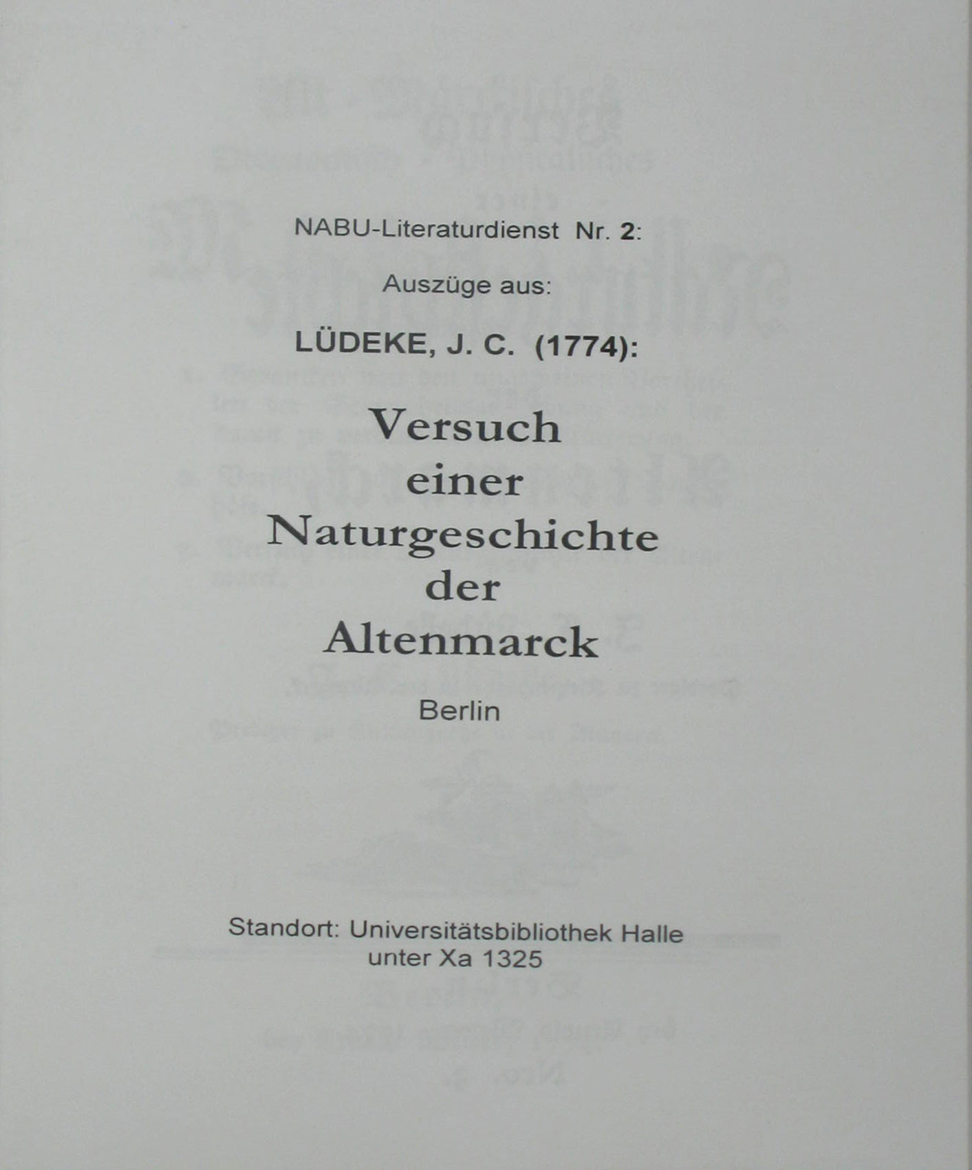 Lüdeke, J. C.:  Versuch einer Naturgeschichte der Altmarck (Berlin) 