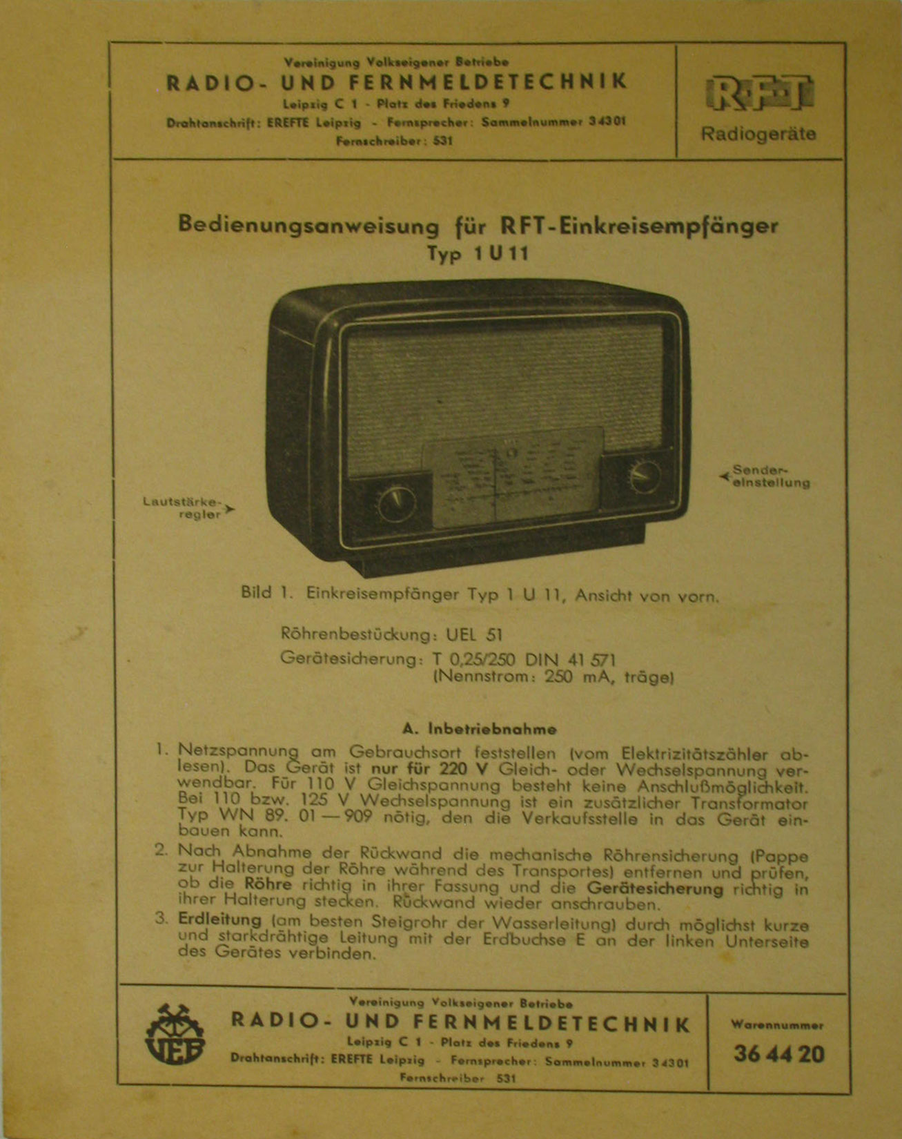   Bedienungsanweisung für RFT-Einkreisempfänger Typ 1 U 11 