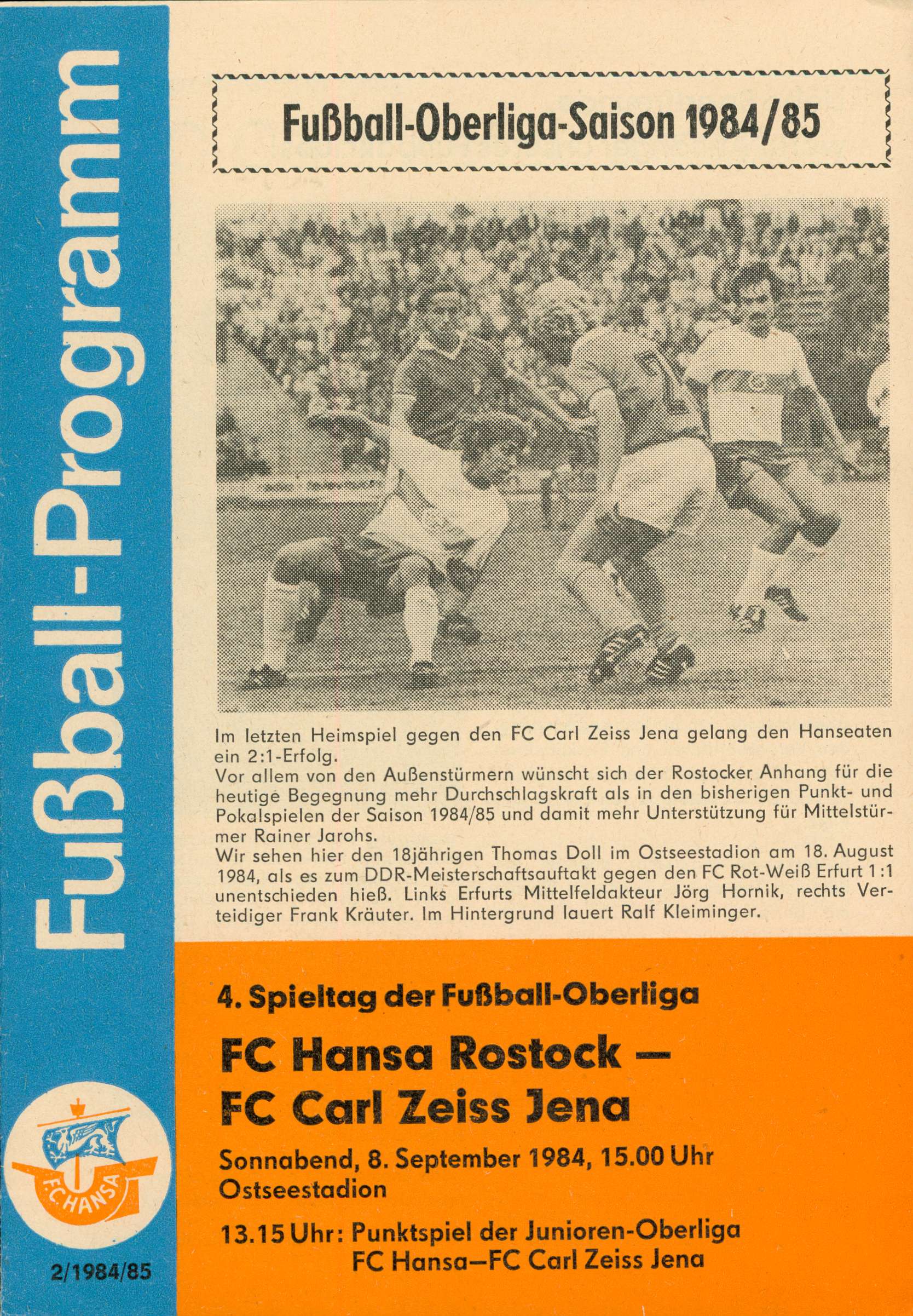   Prg. FC Hansa Rostock - FC Carl Zeiss Jena 04.09.1984 