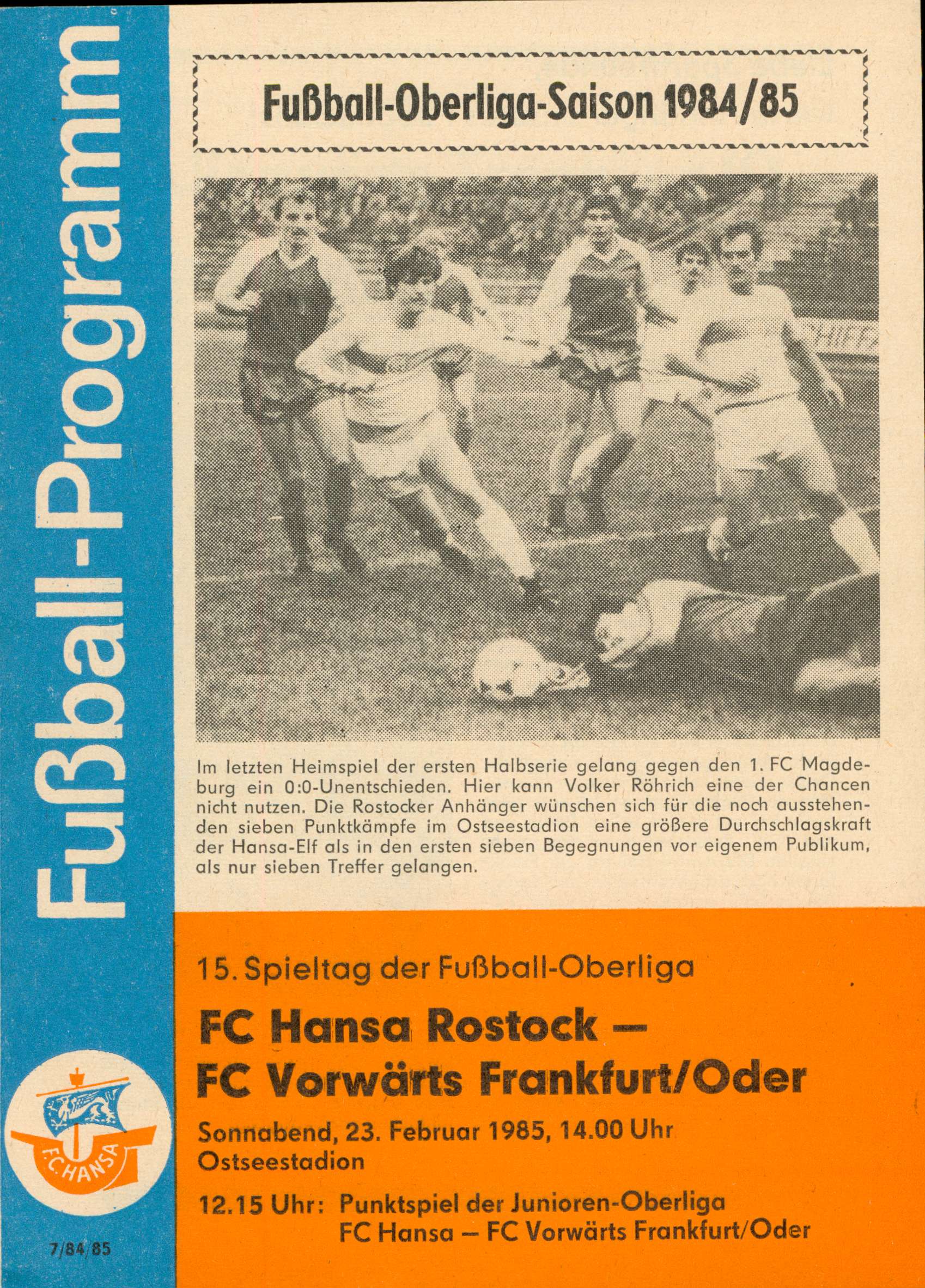   Prg. FC Hansa Rostock - FC Vorwärts Frankfurt/Oder 23.02.1985 