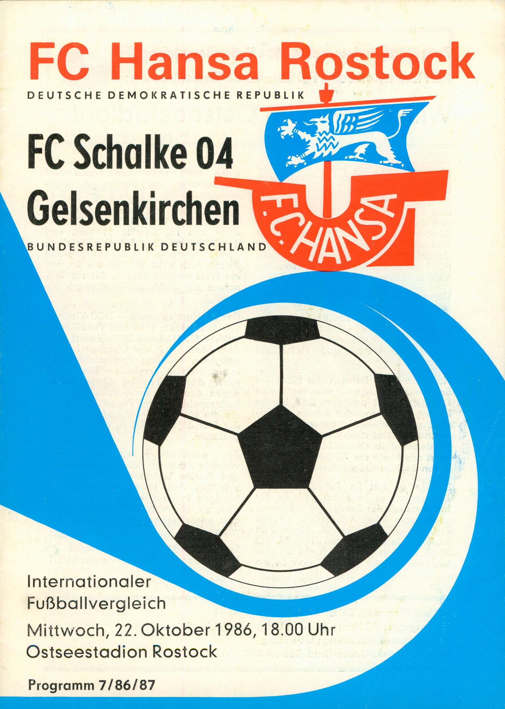   Prg. FC Hansa Rostock - FC Schalke 04 Gelsenkirchen 22.10.1986 (Internationaler Vergleich) 