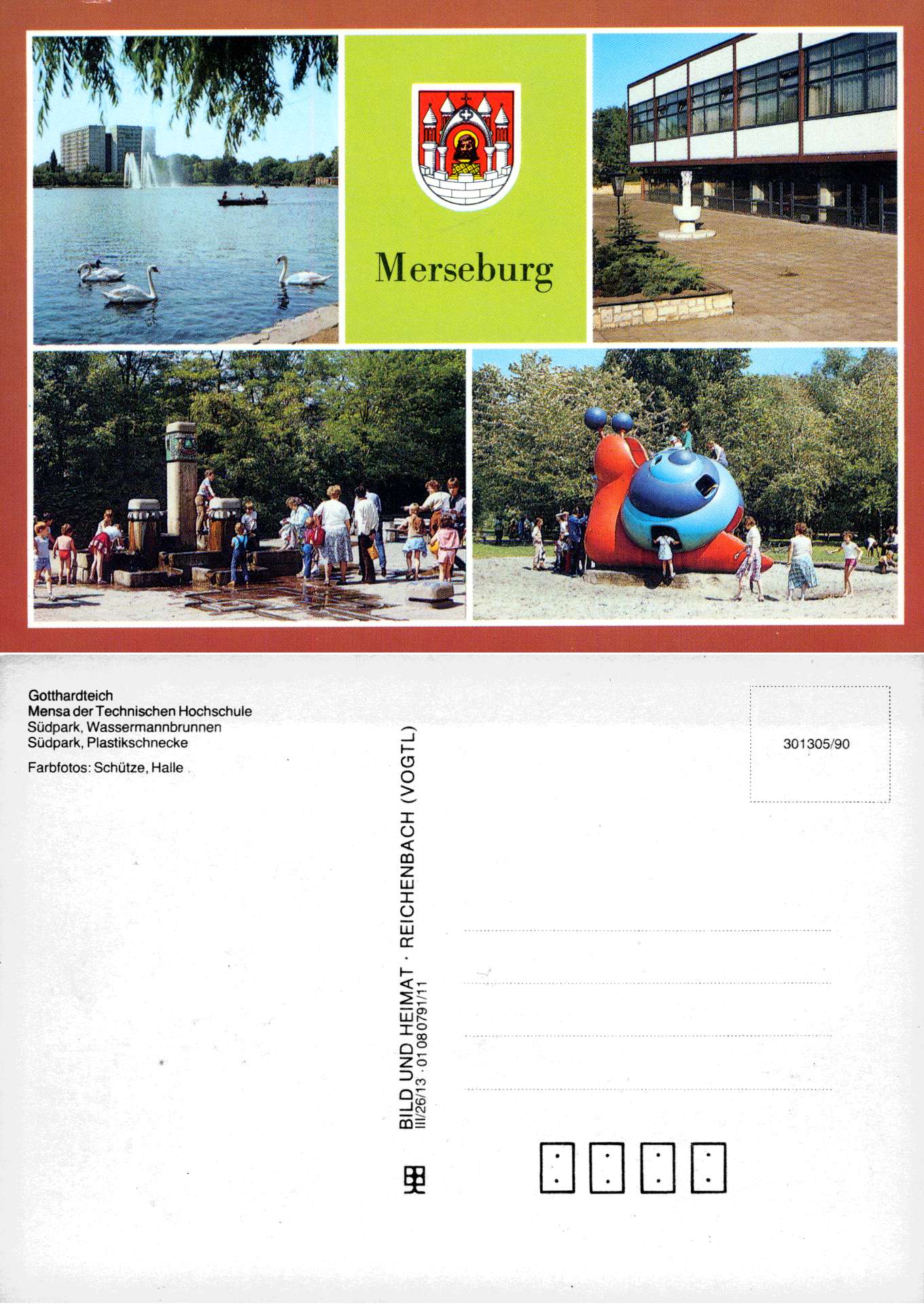 Schütze (Farbfotos):  AK Merseburg. Gotthardteich/Mensa der TH/Südpark, Wassermannbrunnen/Südpark, Plastikschnecke. 