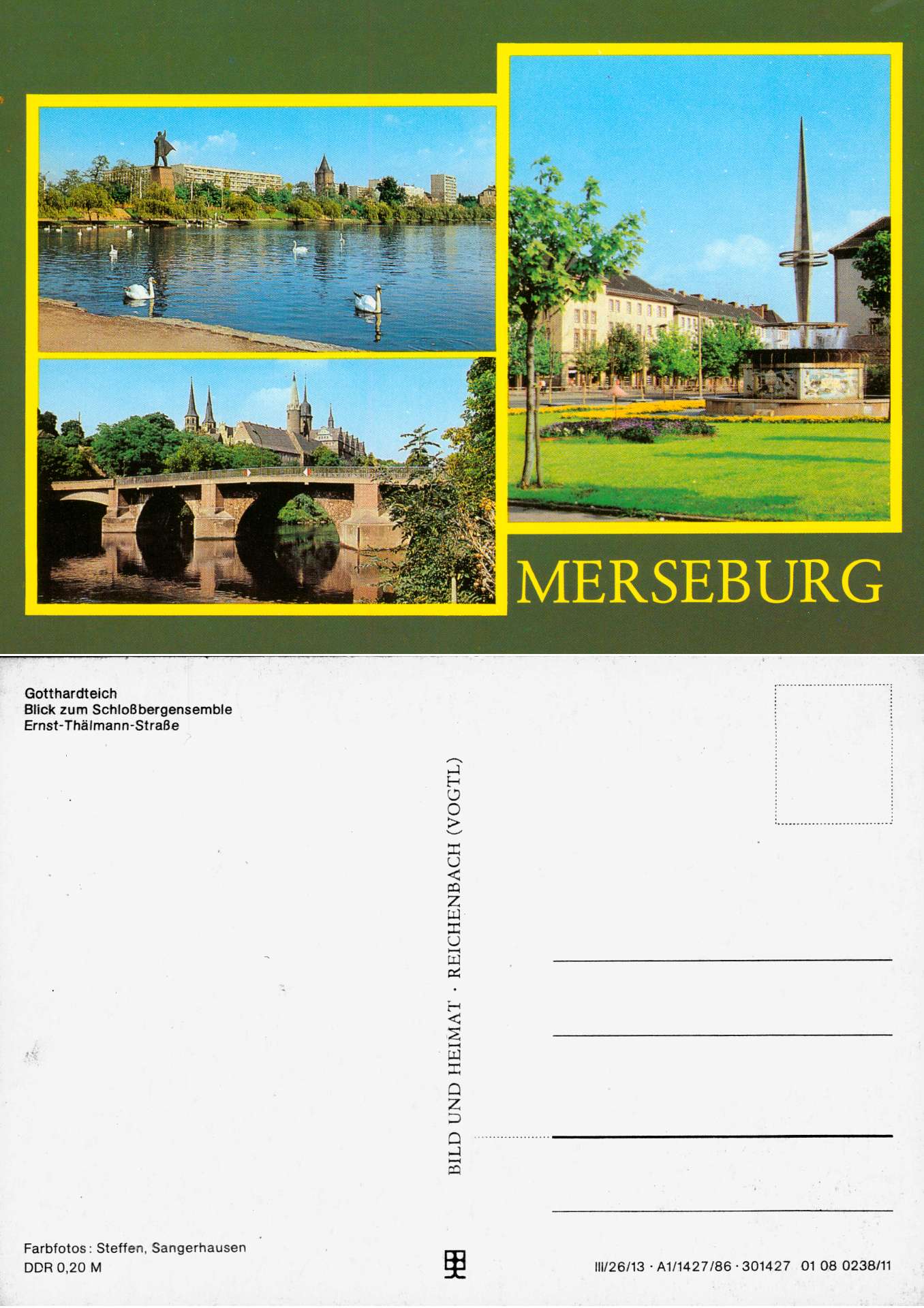 Steffen (Farbfotos):  AK Merseburg. Gotthardteich/Blick zum Schloßbergensemble/Ernst-Thälmann-Straße. 