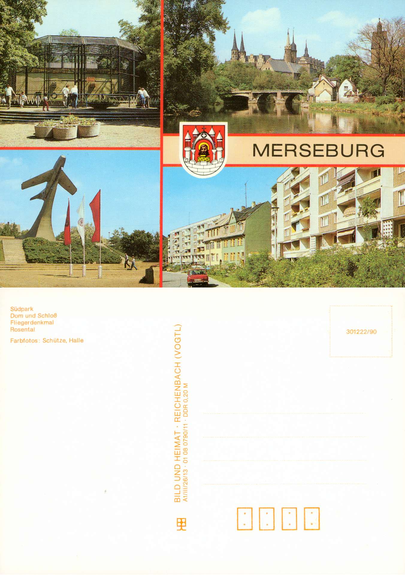 Schütze (Farbfotos):  AK Merseburg. Südpark/Dom und Schloß/Fliegerdenkmal/Rosental. 