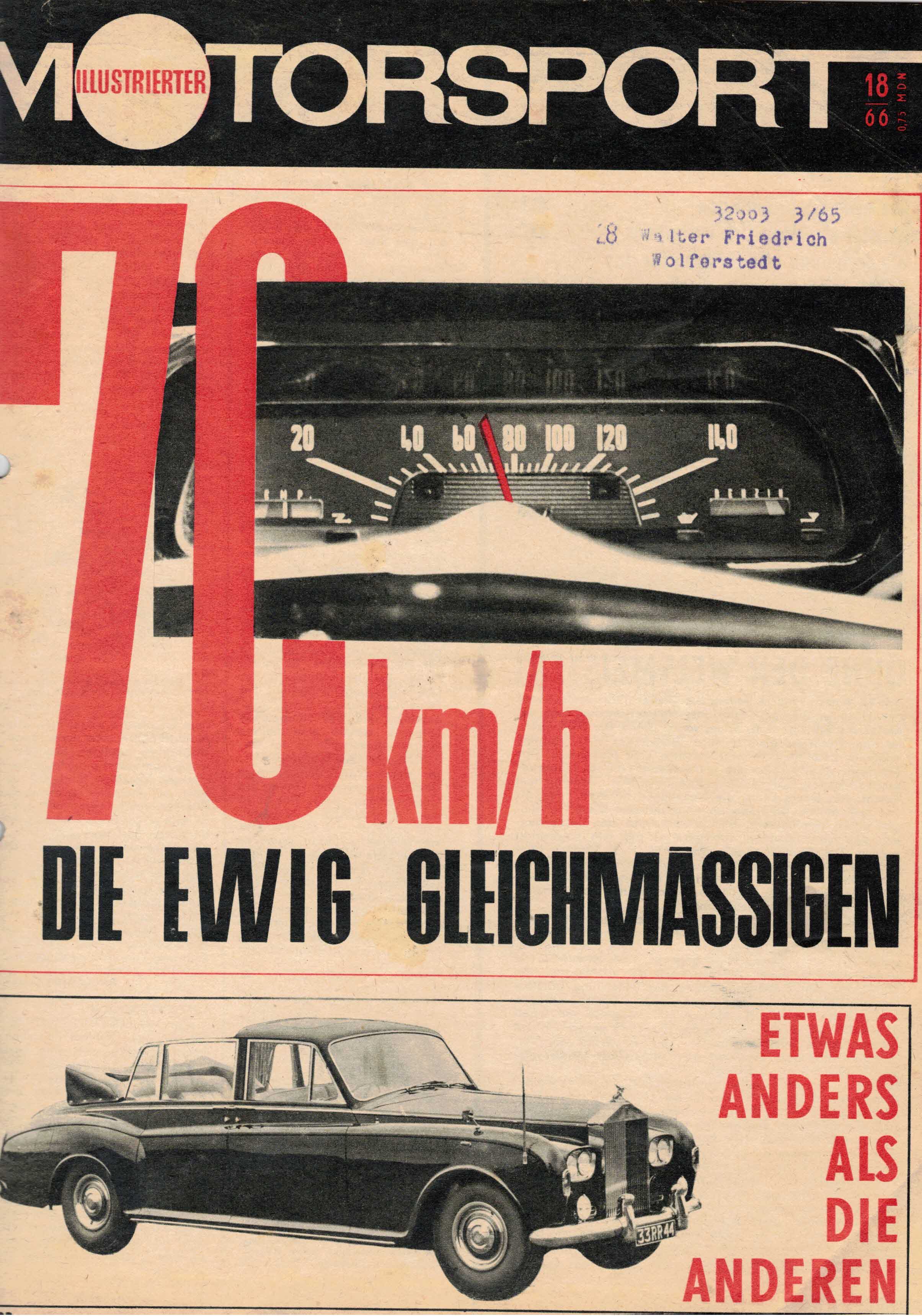 ADMV der DDR (Hrsg.):  Illustrierter Motorsport Heft 18/66. 70 km/h die ewig Gleichmäßigen. 