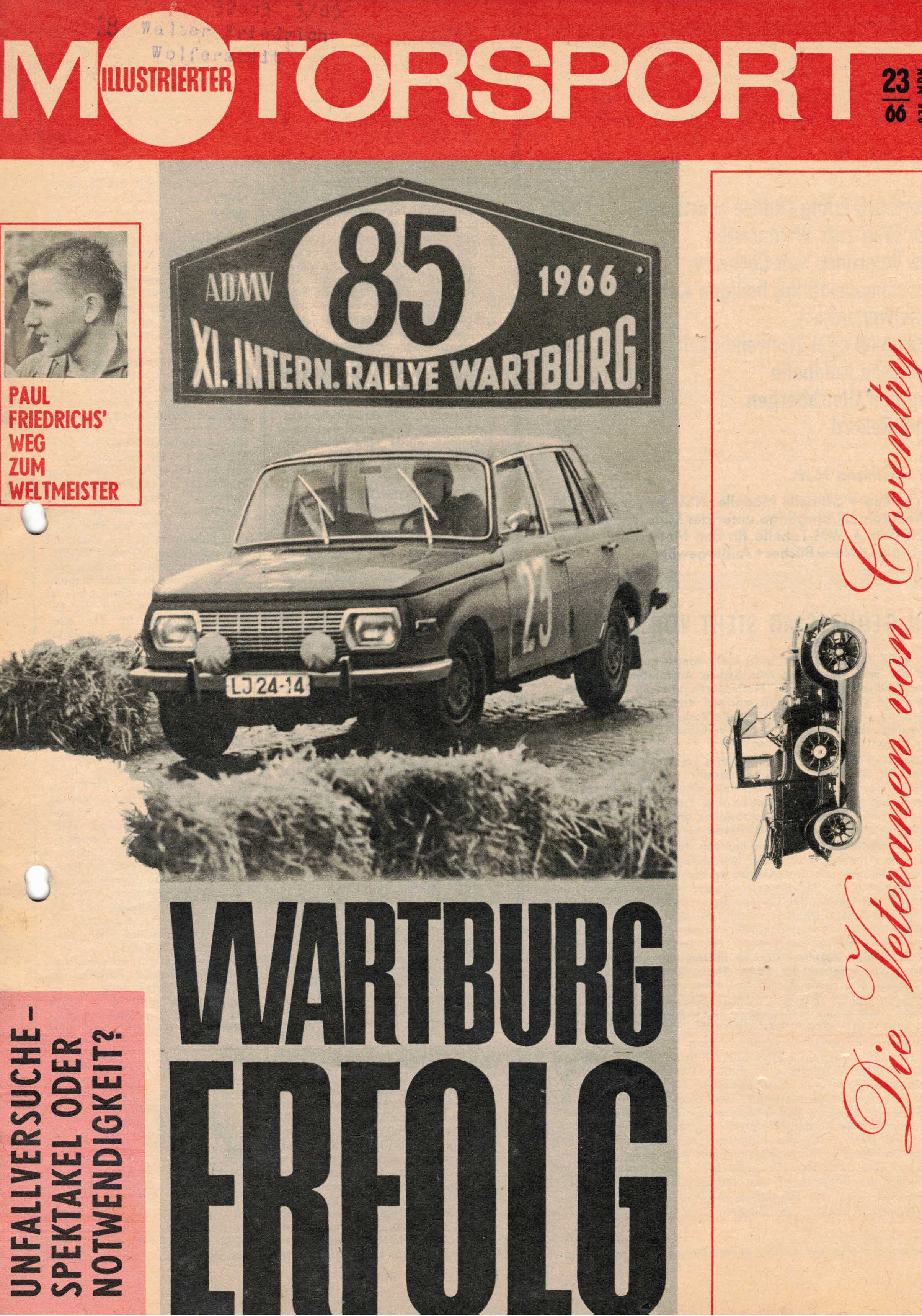 ADMV der DDR (Hrsg.):  Illustrierter Motorsport Heft 23/66. Wartburg Erfolg XI. Internat. Rallye Wartburg. 