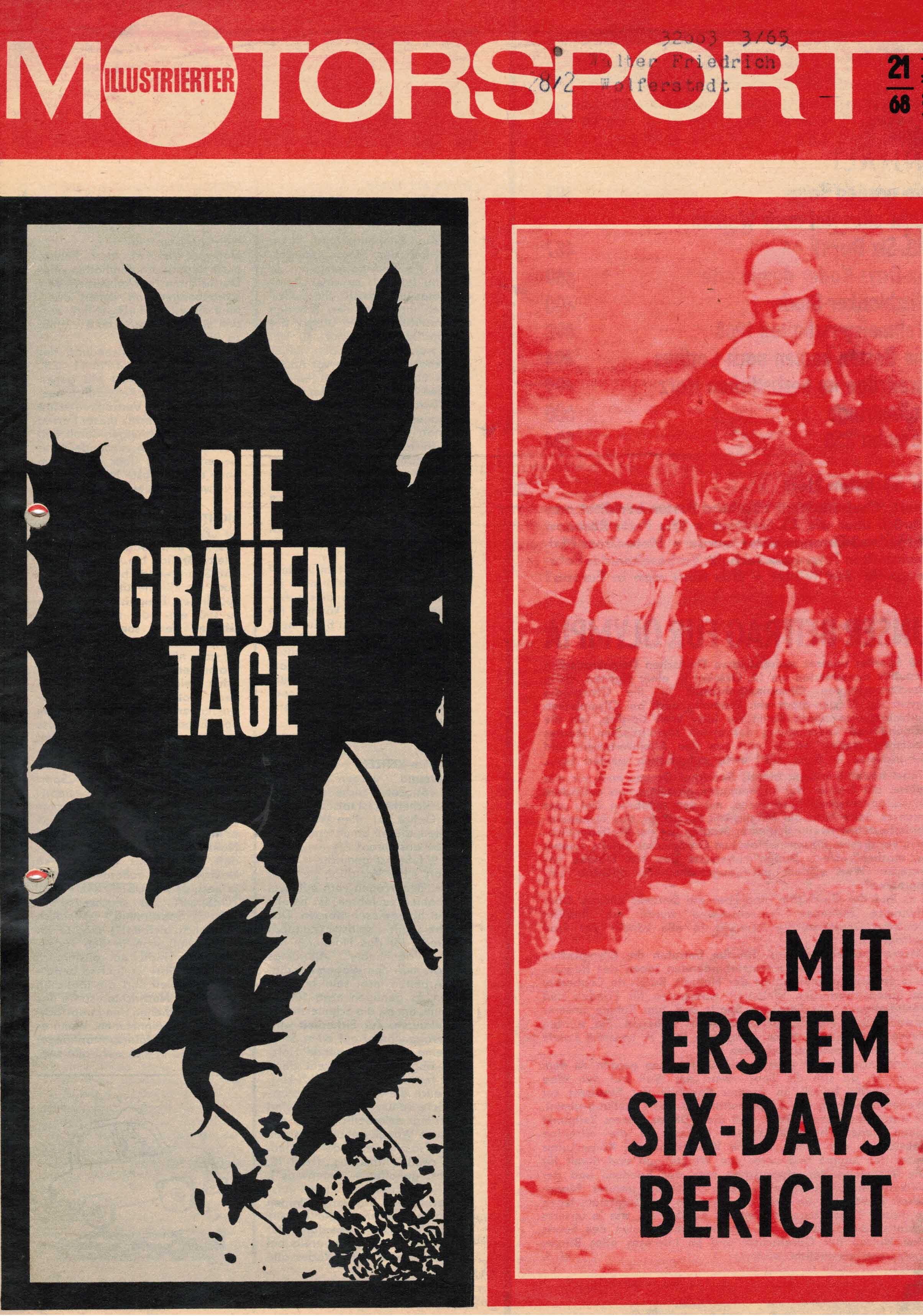 ADMV der DDR (Hrsg.):  Illustrierter Motorsport Heft 21/68. Die grauen Tage / Mit erstem Six-Days Bericht. 