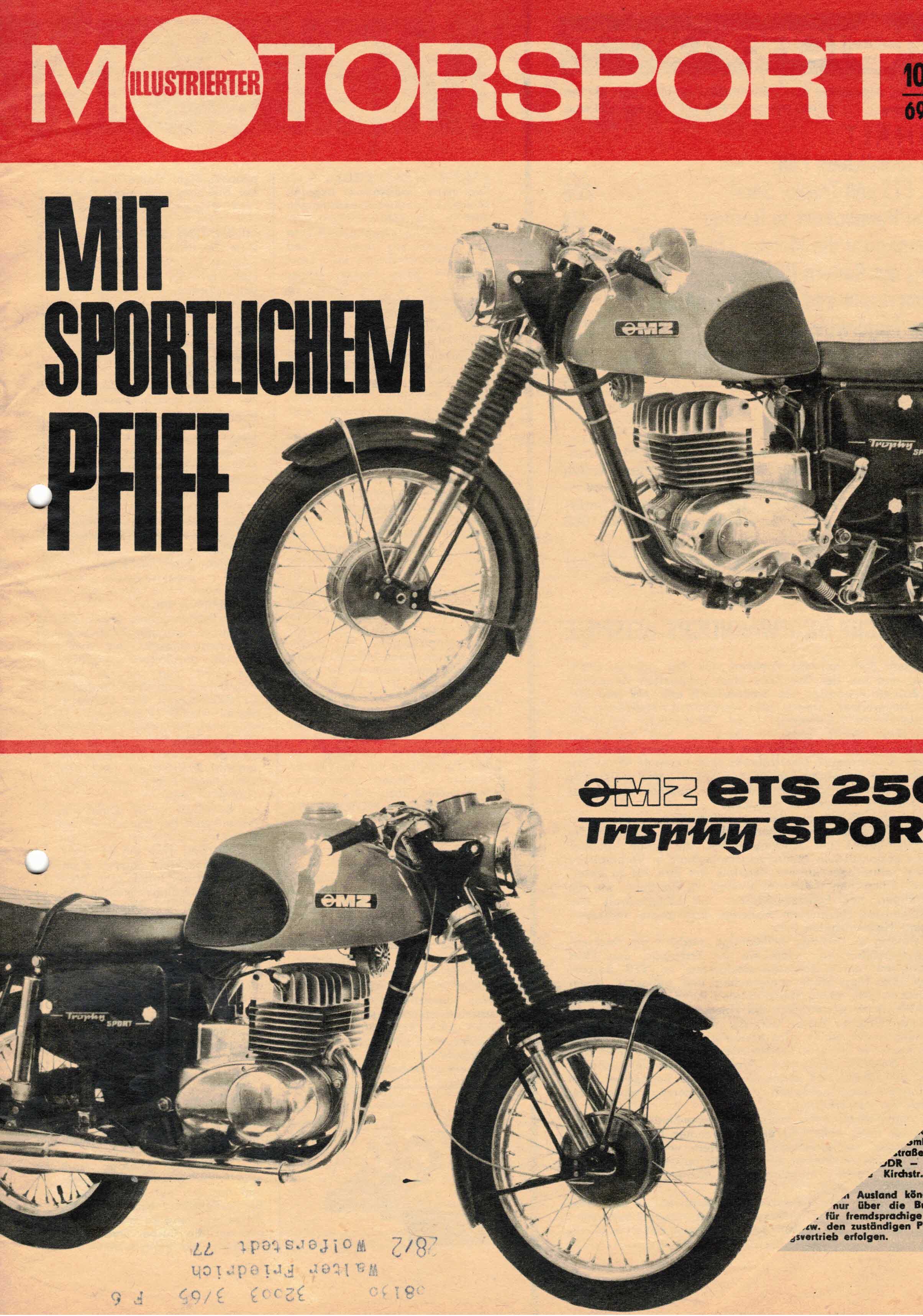 ADMV der DDR (Hrsg.):  Illustrierter Motorsport Heft 10/69. Mit sportlichem Pfiff / MZ ETS 250 Trophy Sport. 