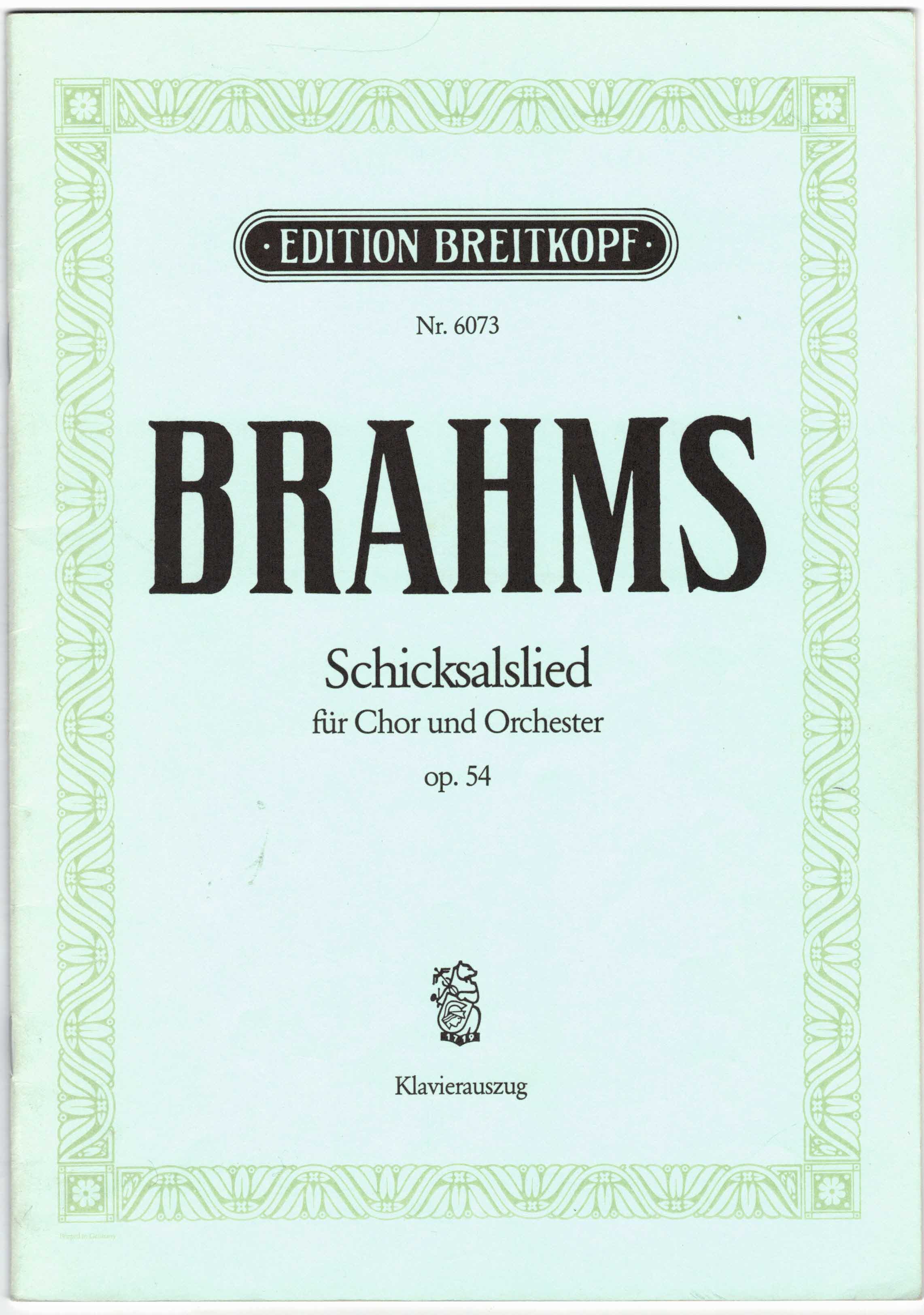 Hölderlin, Friedrich (Text):  Johannes Brahms. Schicksalslied für Chor und Orchester (op. 54). Klavierauszug. 