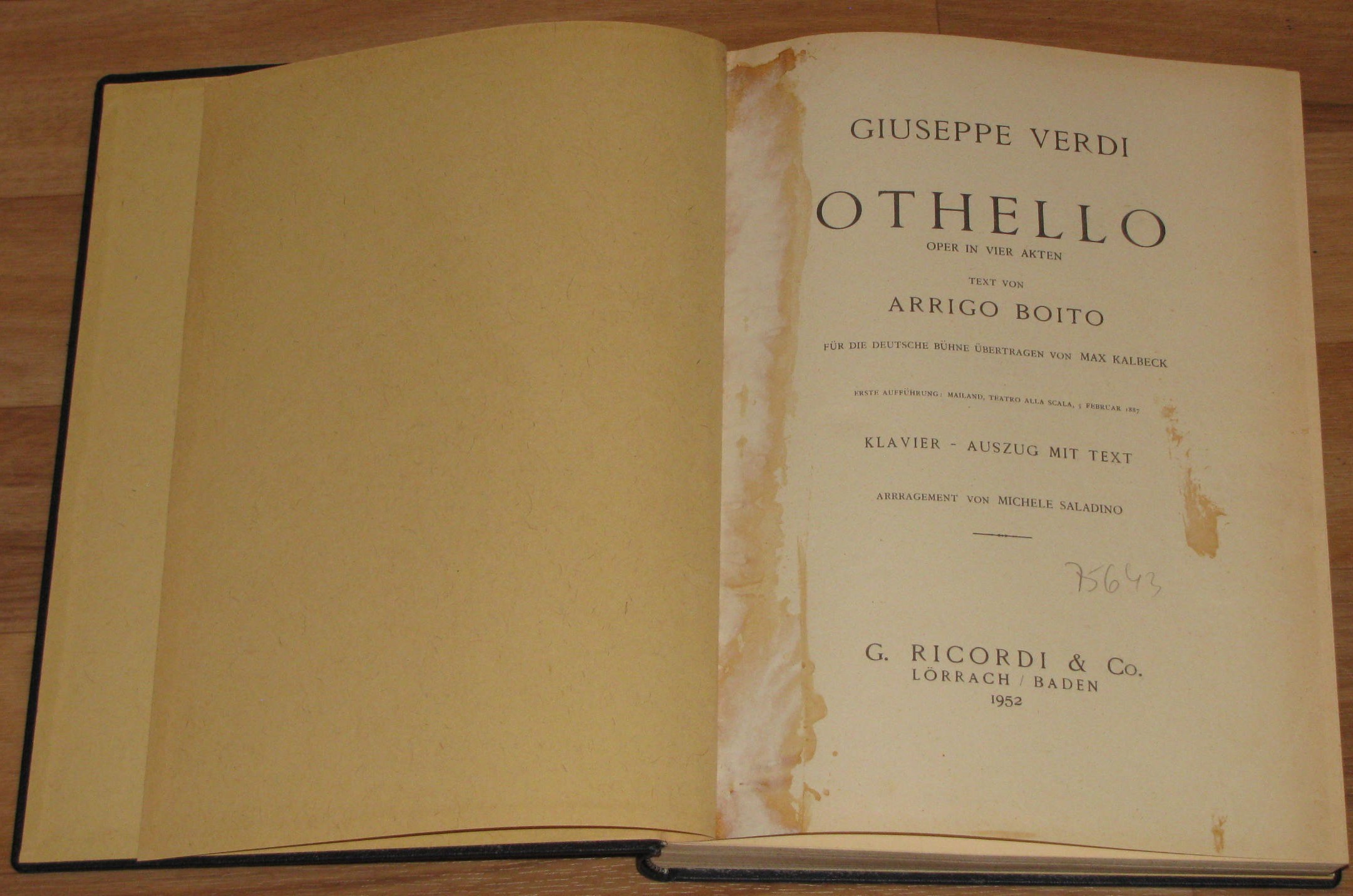 Saladino, Michele (Arrangement):  Giuseppe Verdi. Othello. Oper in vier Akten. Klavierauszug mit Text. 