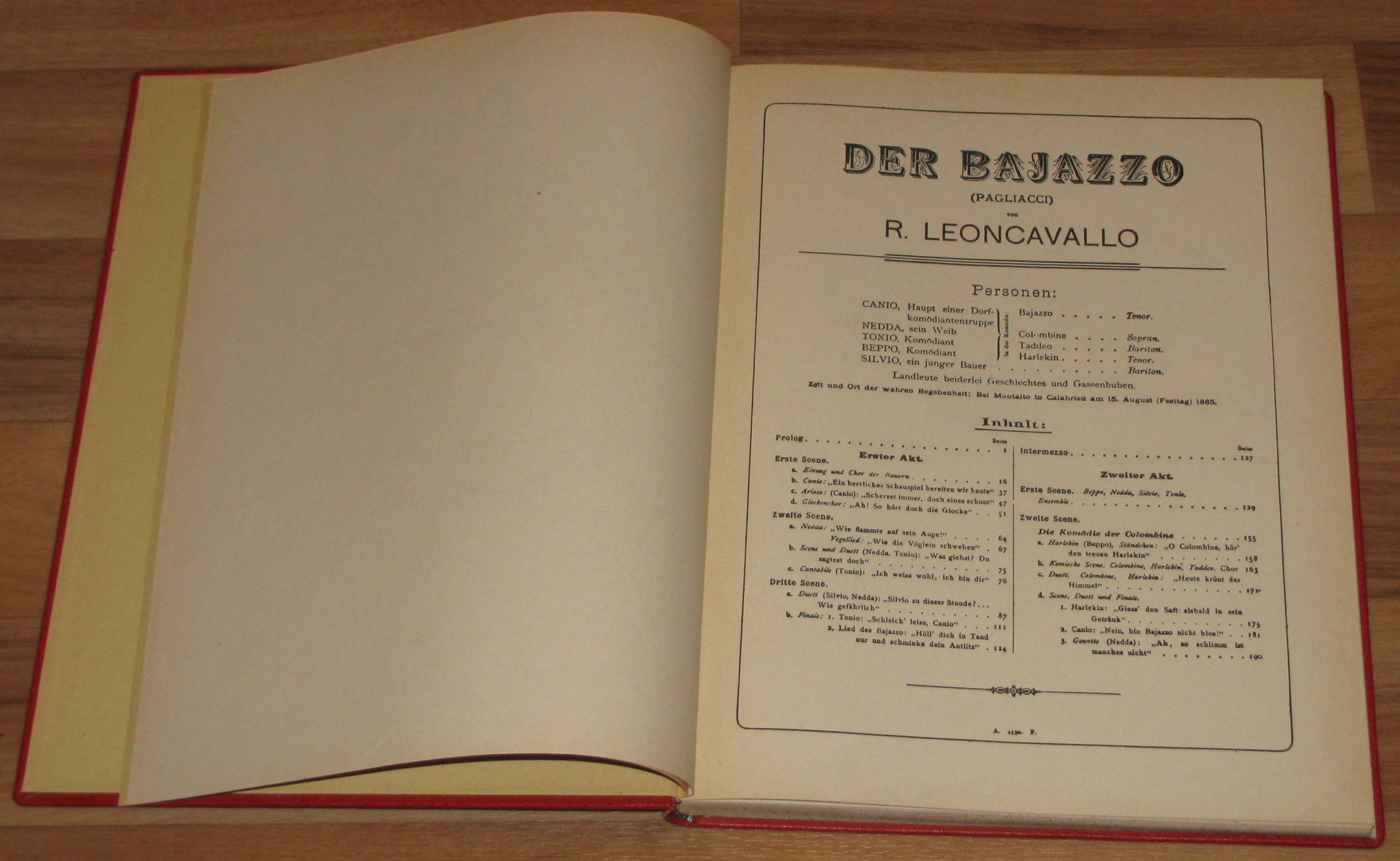 Leoncavallo, Ruggiero:  Der Bajazzo. Drama in zwei Akten und einem Prolog. Vollständiger Klavierauszug mit deutschem Text. 