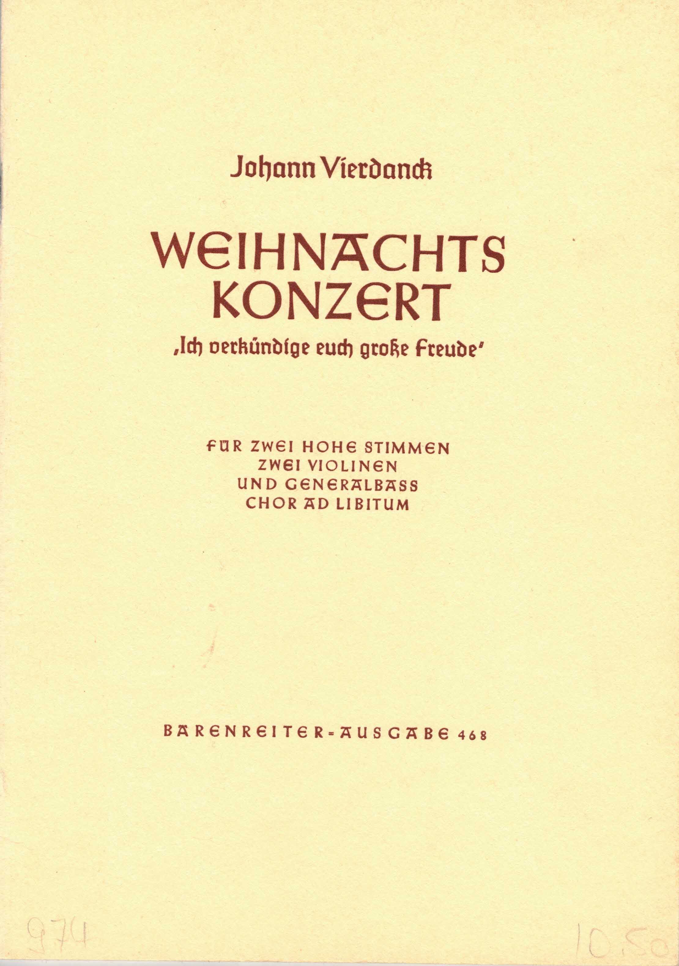 Engel, Hans (Hrsg.):  Johann Vierdanck. Weihnachtskonzert. Ich verkündige Euch große Freude. 