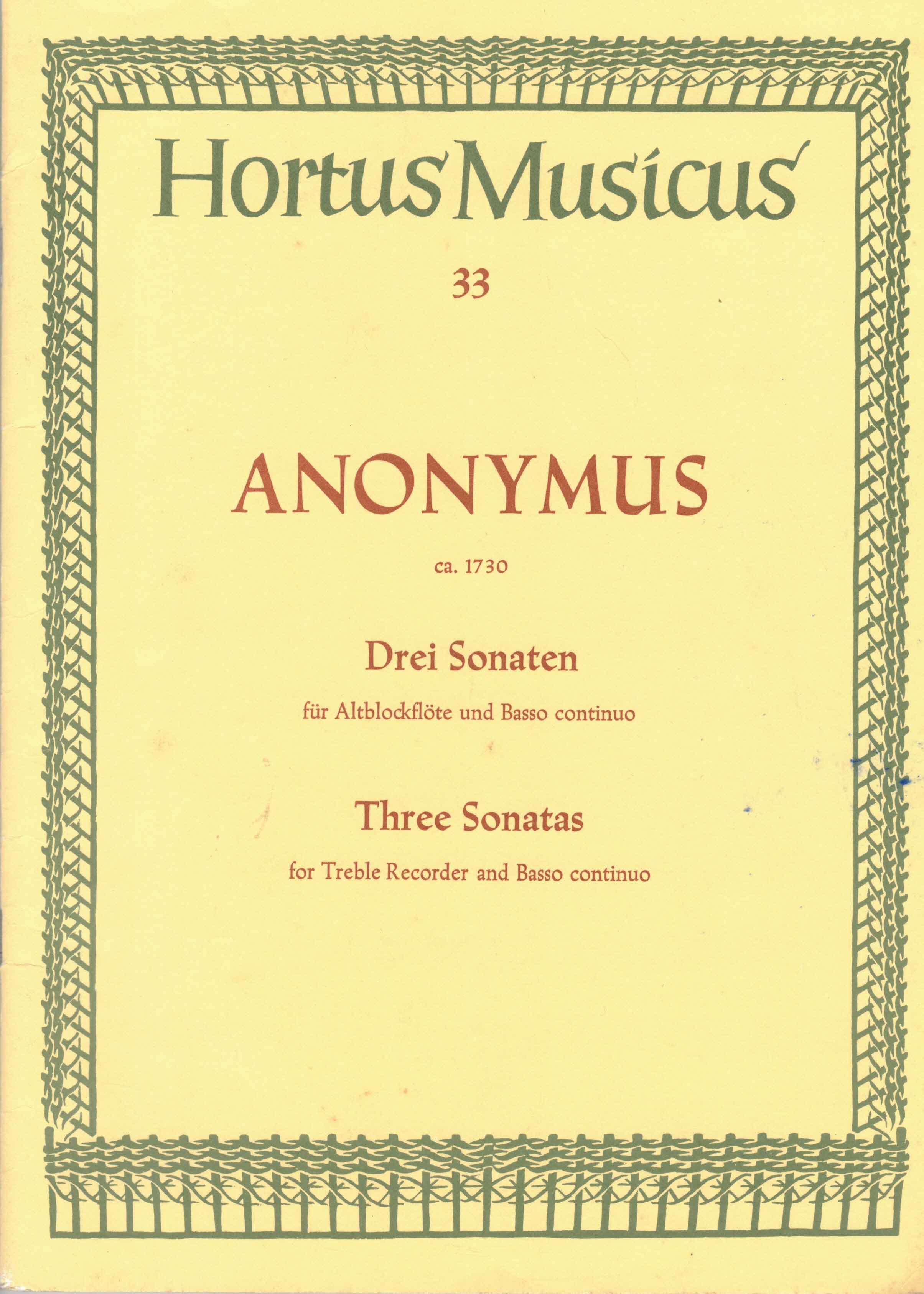 Woehl, Waldemar (Hrsg.):  Anonymus (ca. 1730). Drei Sonaten für Altblockflöte und Basso continuo. 