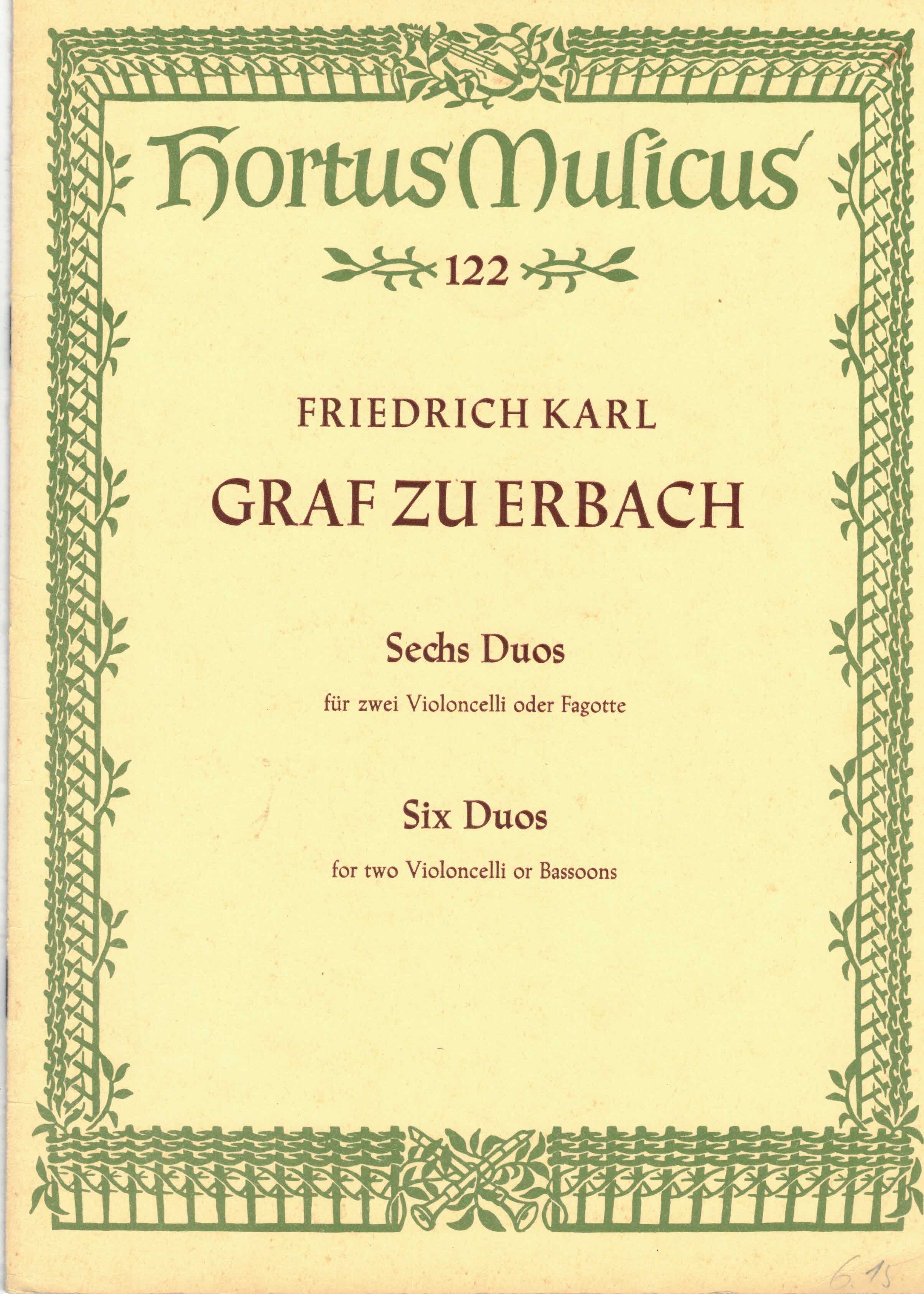 Noack, Friedrich (Hrsg.):  Friedrich Karl Graf zu Erbach. Sechs Duos für zwei Violincelli oder Fagotte. 