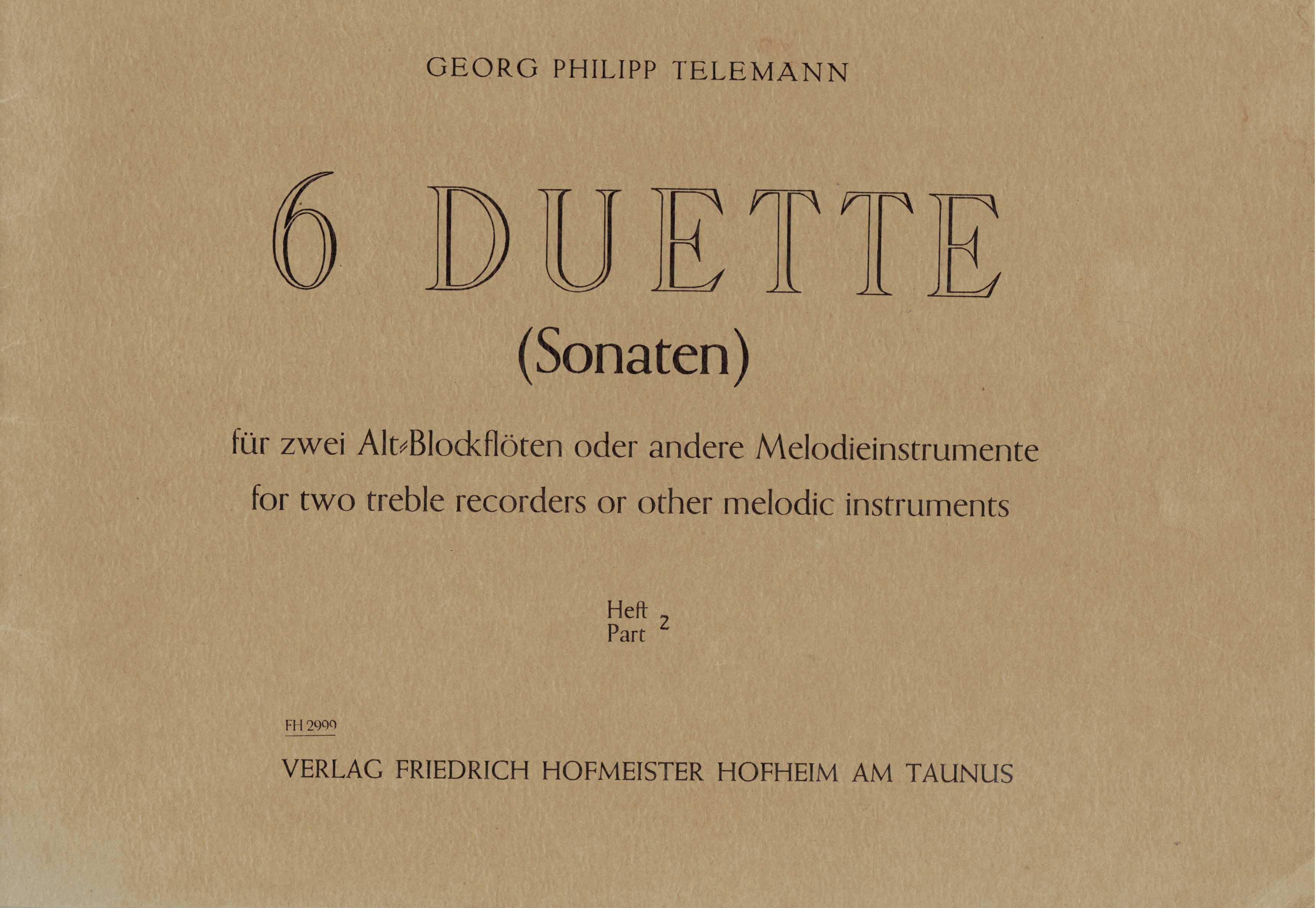 Niggemann, Hans-Ulrich (Hrsg.):  Georg Philipp Telemann. 6 Duette (Sonaten) für zwei Alt-Blockflöten oder andere Melodieinstrumente. Heft 2 (Sonata 4-6) 