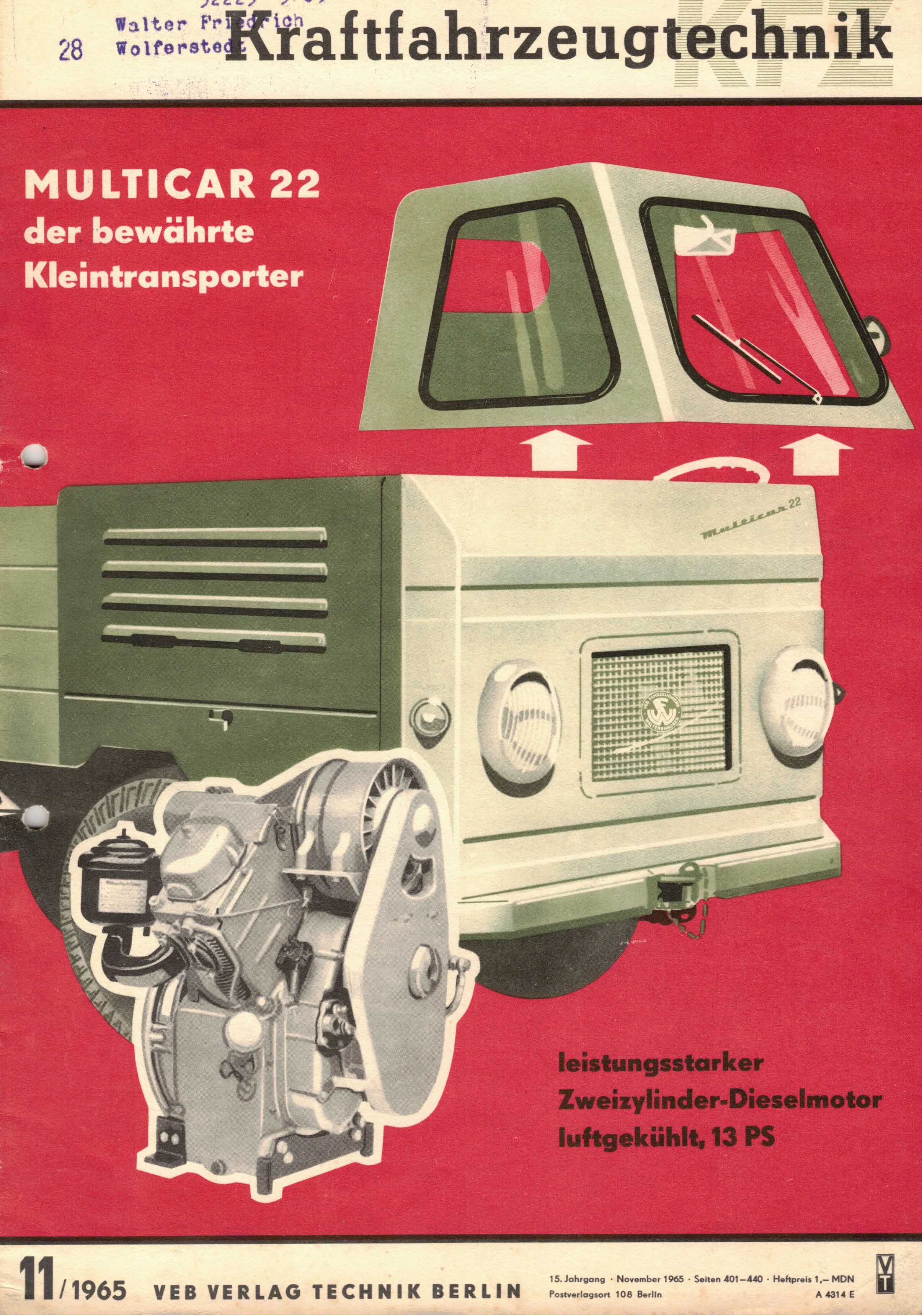 Autorenkollektiv:  KFT Kraftfahrzeugtechnik. Technische Zeitschrift des Kraftfahrwesens (Heft 11/1965) 