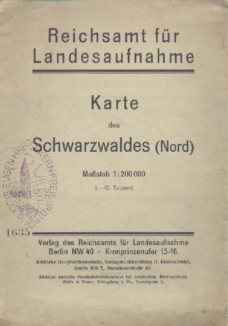 Reichsamt für Landesaufnahme (Hrsg.)  Karte des Schwarzwaldes (Nord). Hrsg. v. d. Preußischen Landesaufnahme. Maßstab 1:200000. 3.-12. Tsd. 