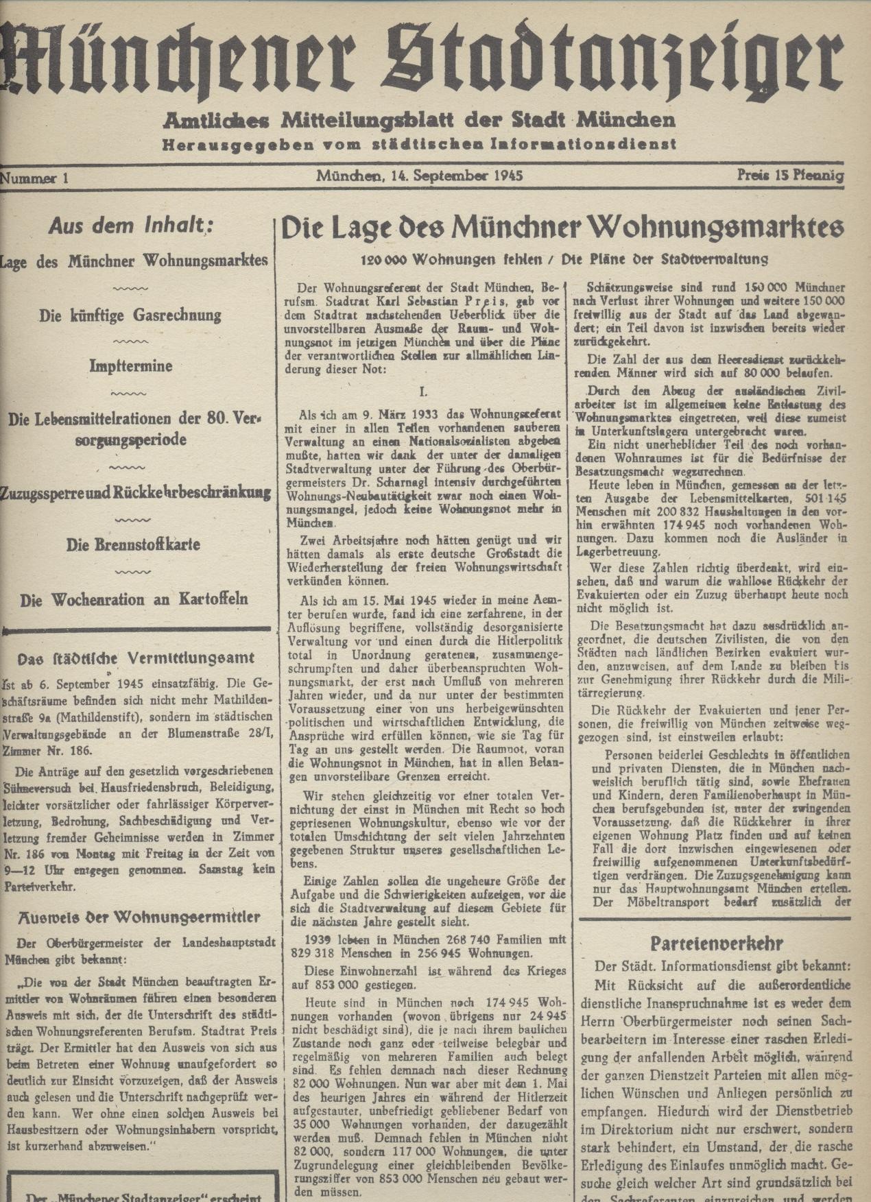 Stadt München (Hrsg.)  Münchener Stadtanzeiger. Amtliches Mitteilungsblatt der Stadt München. Hrsg. vom Städtischen Informationsdienst. Nr. 1 vom 14. September - Nr. 16 vom 27. Dezember 1945. Nachdruck. 