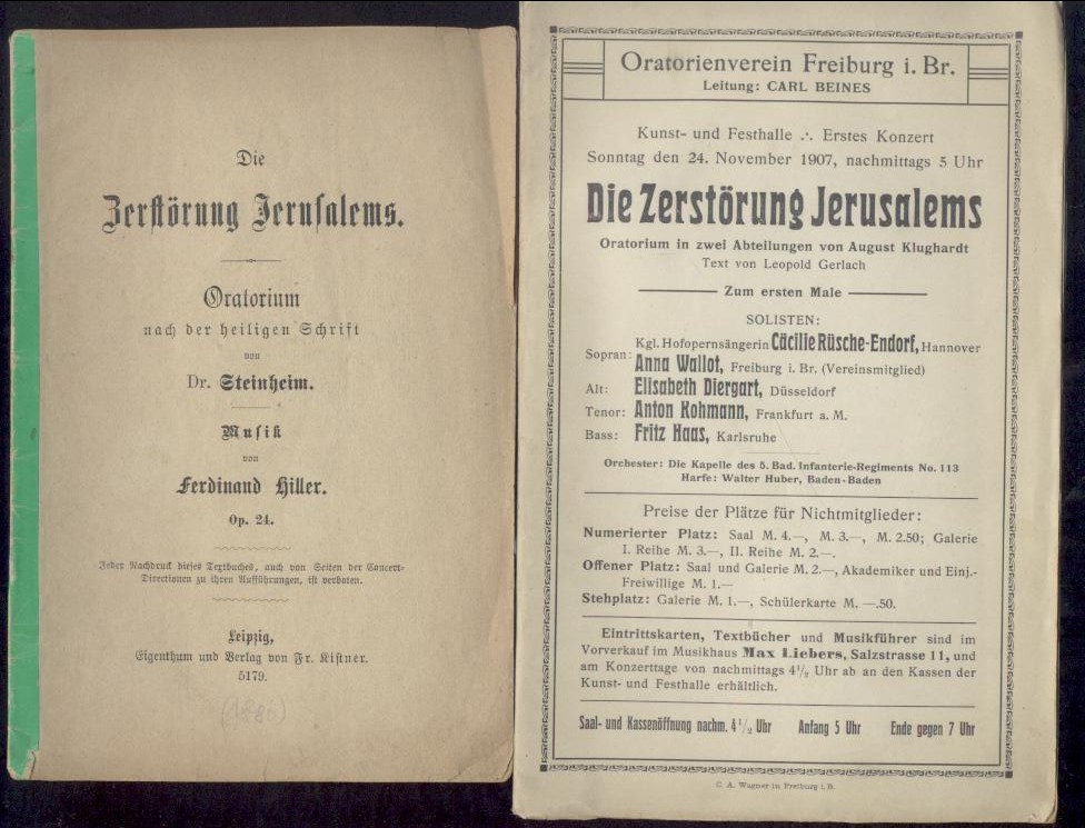 Hiller, Ferdinand u. Ludwig Salomon Steinheim  Die Zerstörung Jerusalems. Oratorium nach der heiligen Schrift von Dr. Steinheim. Musik von Ferdinand Hiller. Op. 24. 