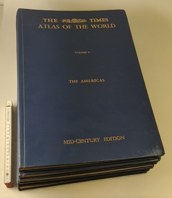 Bartholomew,  John (Ed.):  The Times Atlas of the World. Mid-Century Edition. 5 vols. Vol. I: The World, Australasia, East Asia. VolII: South-West Asia, Russia. Vol.III: Northern Europe. Vol.IV: Southern Europe, Africa. Vol.V: The Americas. 