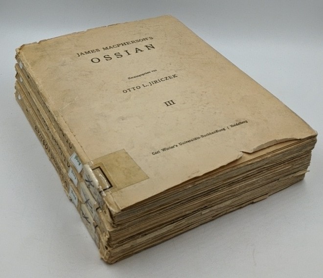 Macpherson, James:  James Macpherson`s Ossian - 3 volumes : 1. Fingal : 1762 / 2. Temora : 1763 / 3. Einleitung, Varianten, Namenverzeichnis. Faksimile reprint of 1st ed. 1762/63 with accompanying volume. 